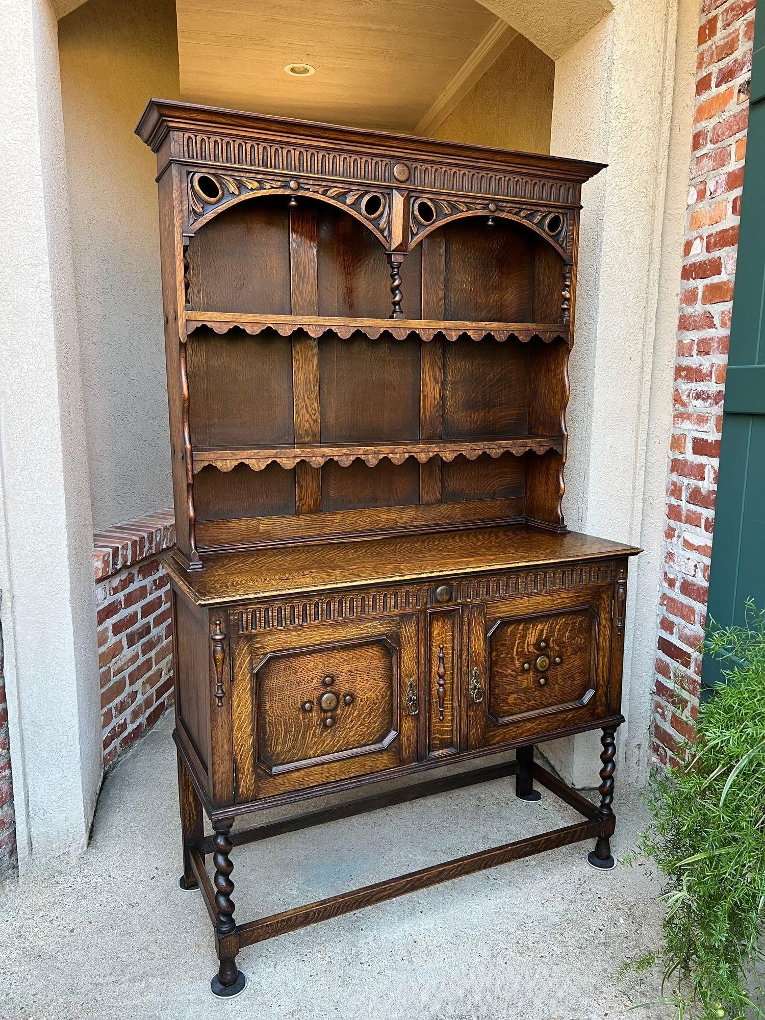 Hand-Carved Antique English Welsh Dresser Sideboard Barley Twist Carved Tiger Oak Farmhouse For Sale