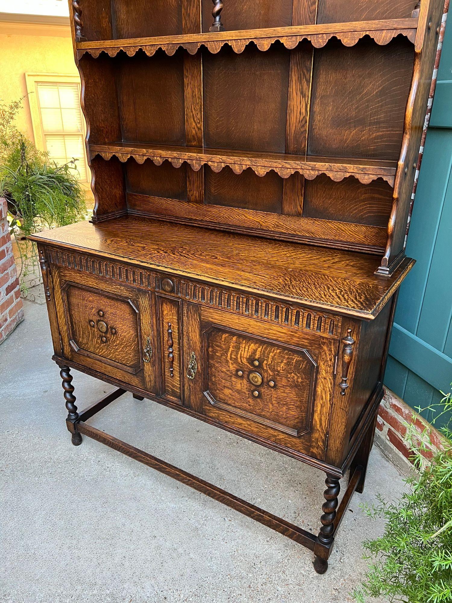 Early 20th Century Antique English Welsh Dresser Sideboard Barley Twist Carved Tiger Oak Farmhouse For Sale