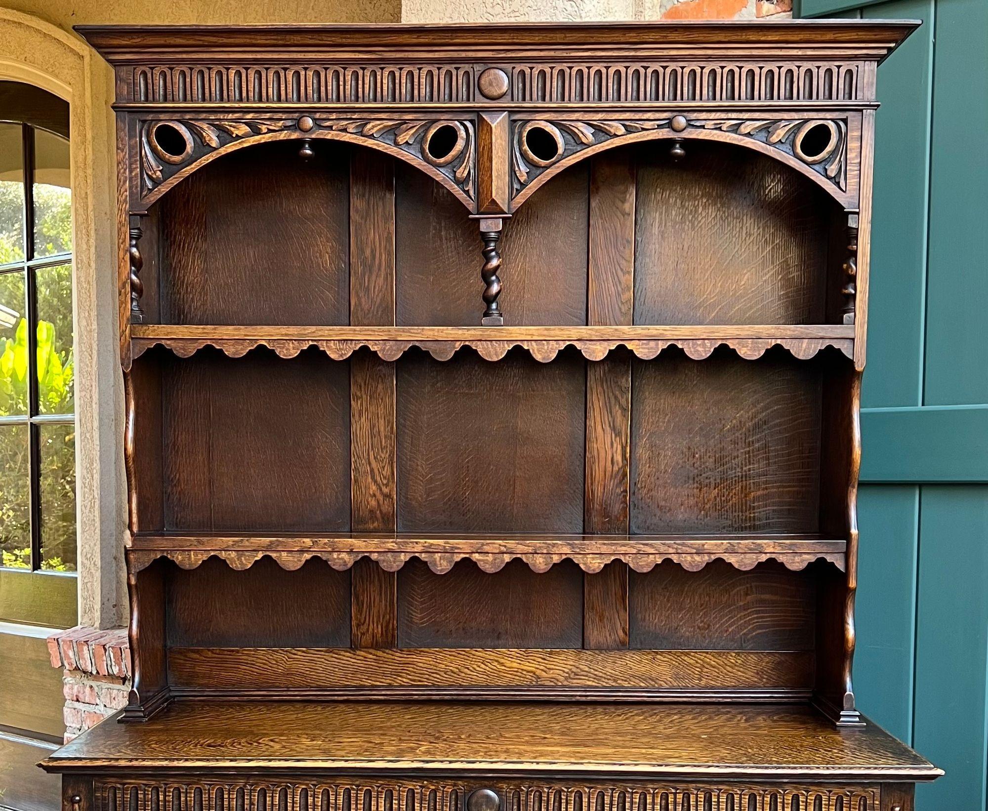 Antique English Welsh Dresser Sideboard Barley Twist Carved Tiger Oak Farmhouse For Sale 1