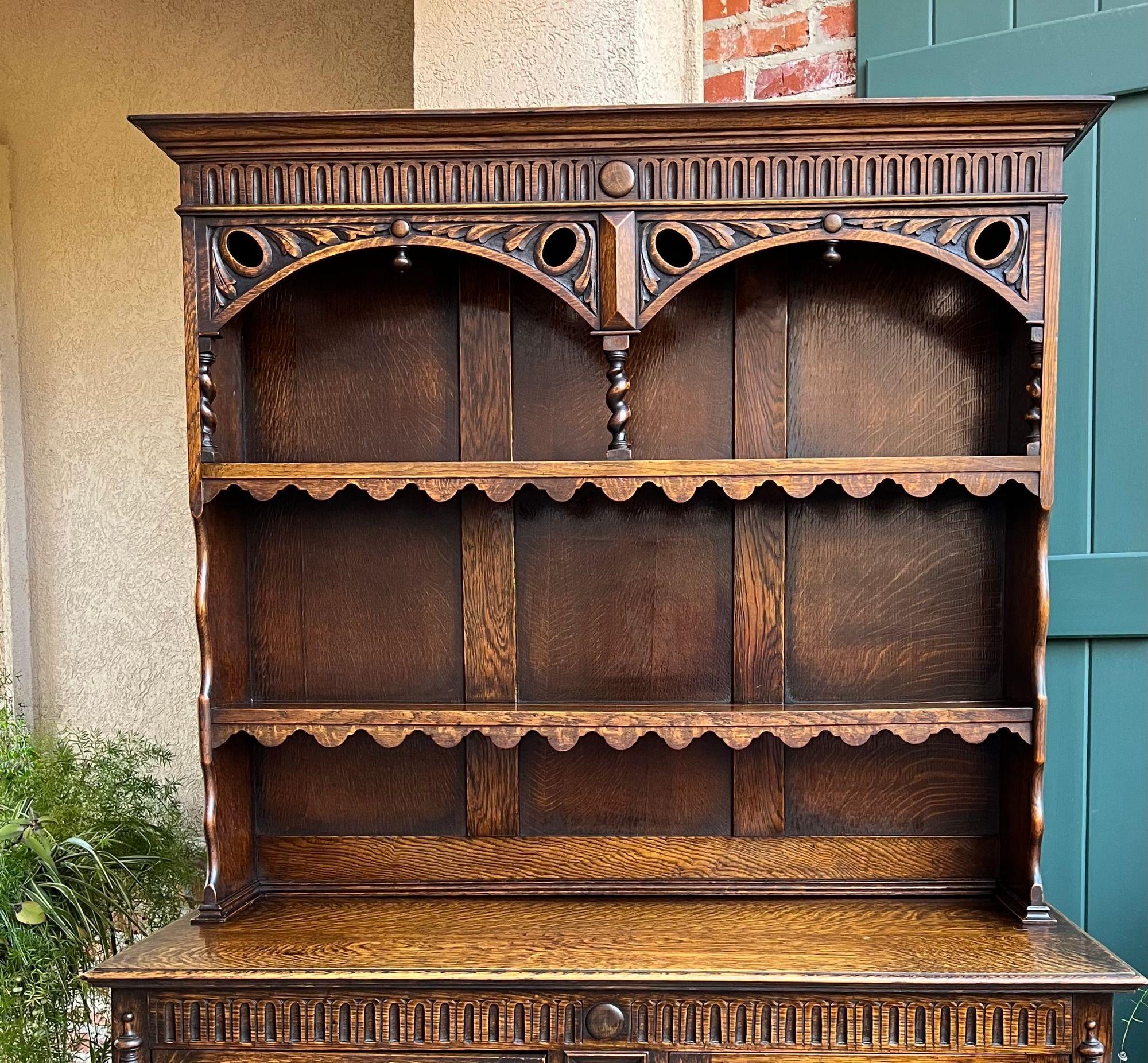 Antique English Welsh Dresser Sideboard Barley Twist Carved Tiger Oak Farmhouse For Sale 2