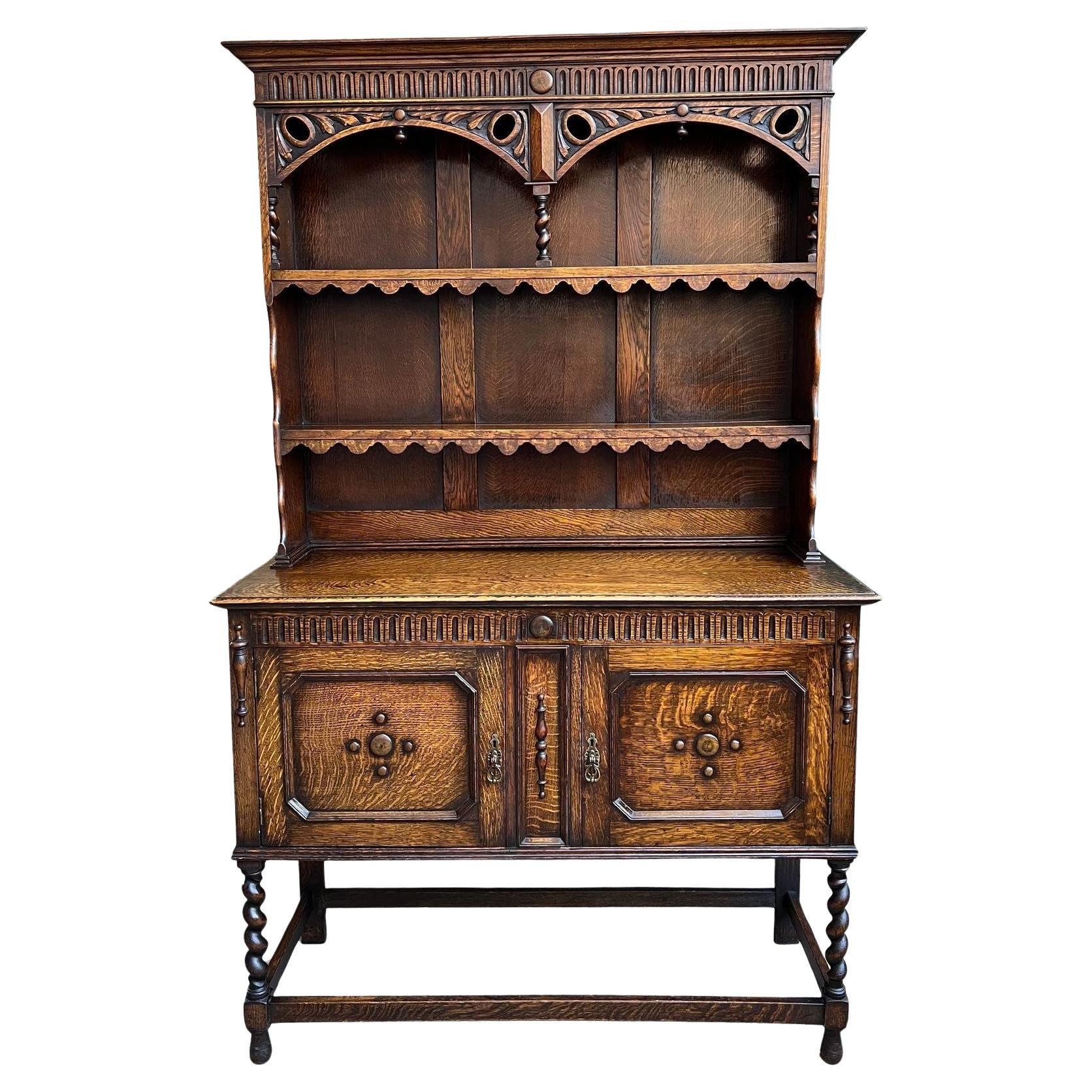 Antique English Welsh Dresser Sideboard Barley Twist Carved Tiger Oak Farmhouse For Sale