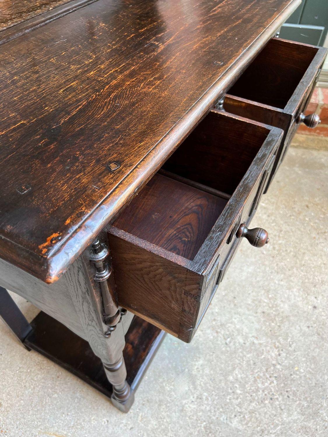 Antique English Welsh Dresser Sideboard Carved Oak Jacobean Farmhouse Cabinet For Sale 6