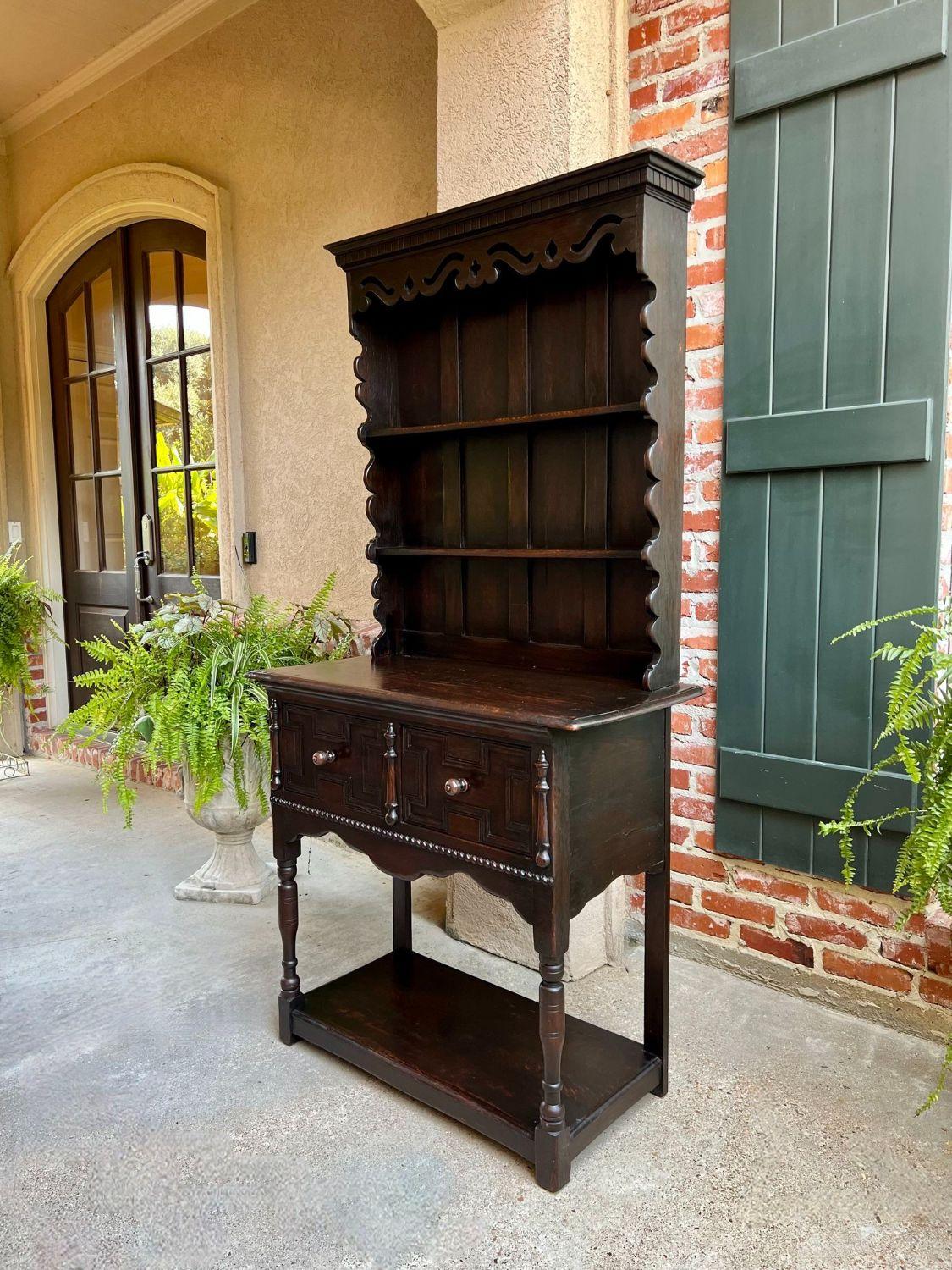 British Antique English Welsh Dresser Sideboard Carved Oak Jacobean Farmhouse Cabinet For Sale