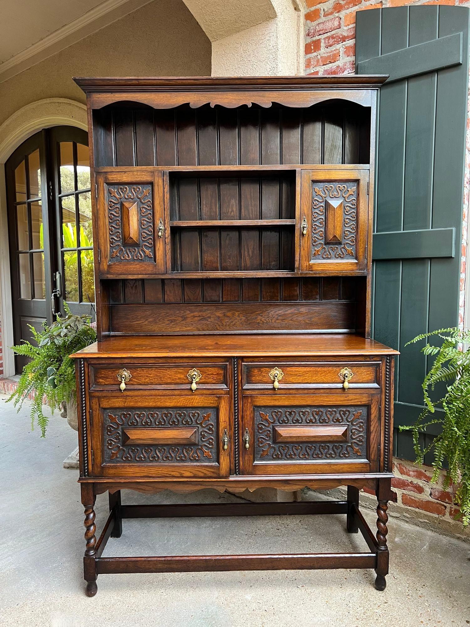 Antique English Welsh Dresser Sideboard Hutch BARLEY TWIST Jacobean Farmhouse.

Direct from England, part of our latest shipment of fabulous antique British furniture that also included farm tables, leaded glass door bookcases, draw leaf tables and