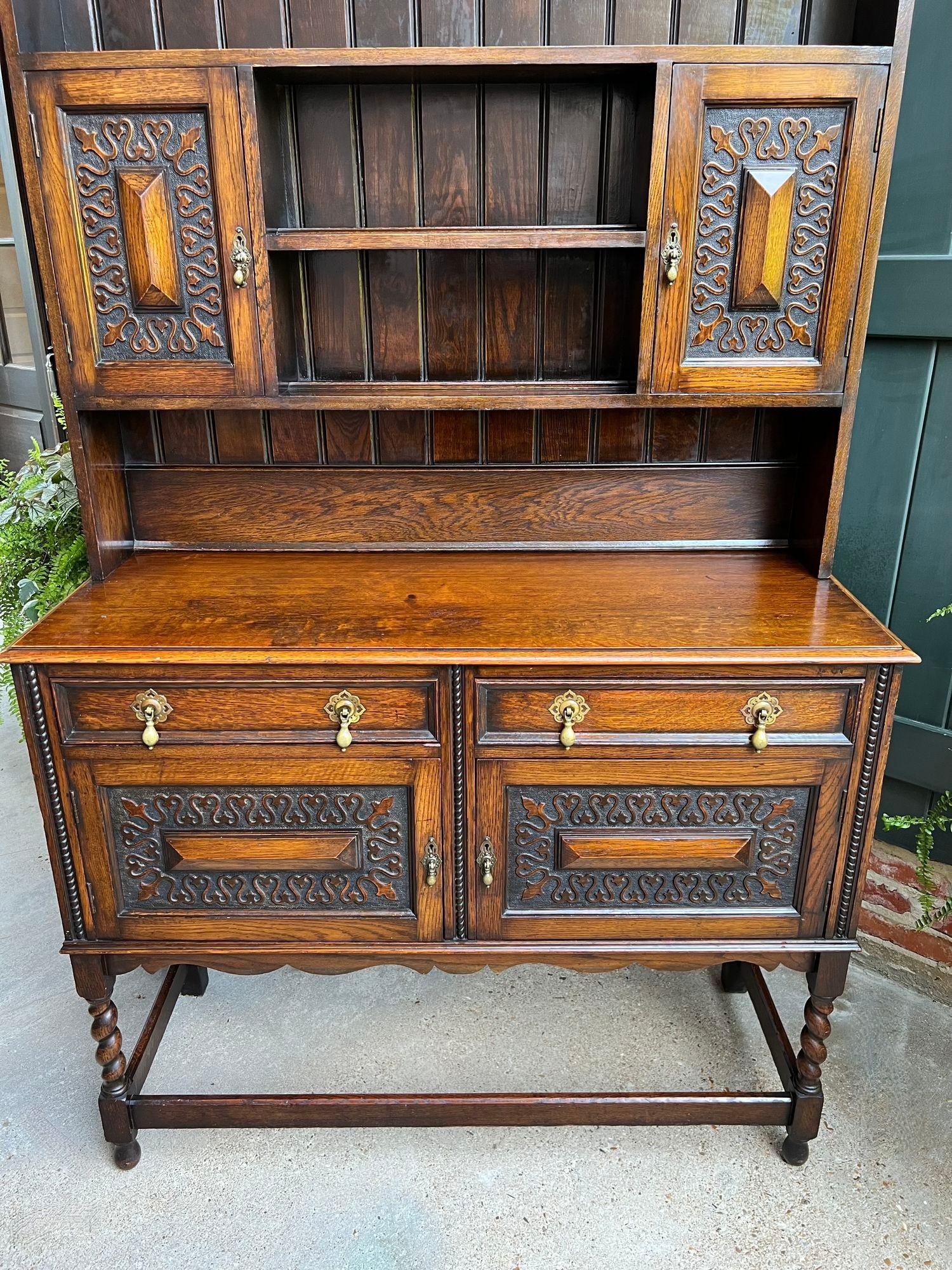 Carved Antique English Welsh Dresser Sideboard Hutch BARLEY TWIST Jacobean Farmhouse For Sale