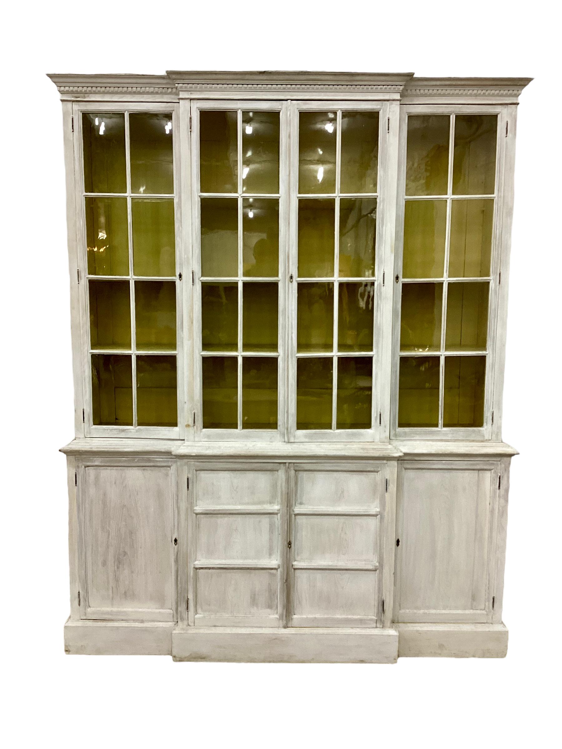 Antique English White Washed Glazed Front Step Back Bookcase In Good Condition For Sale In Chapel Hill, NC