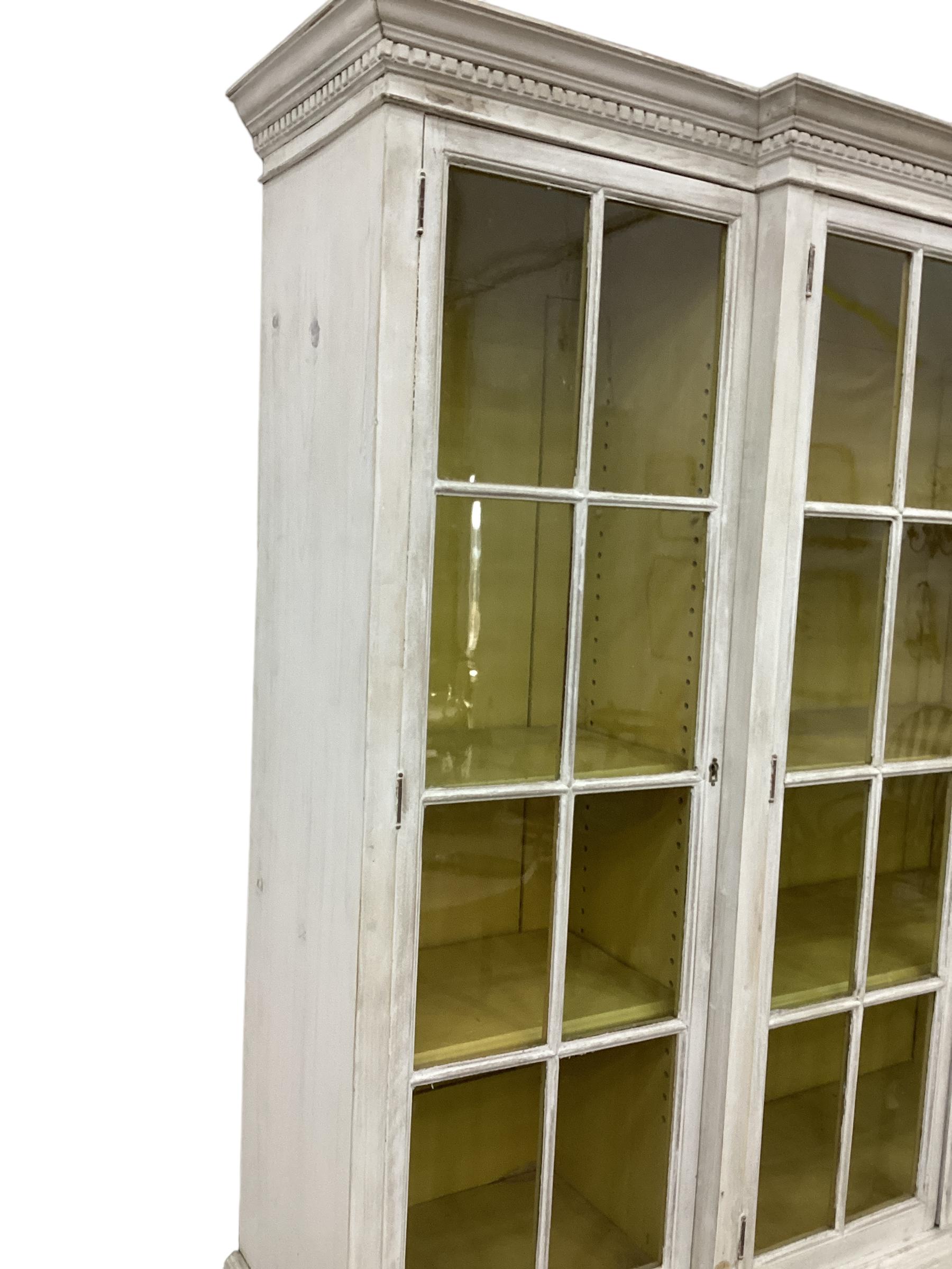 Wood Antique English White Washed Glazed Front Step Back Bookcase For Sale