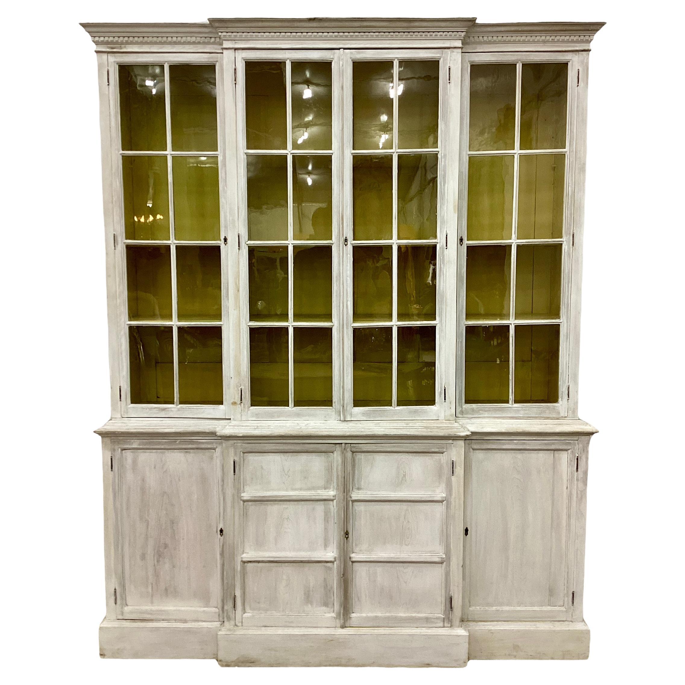 Antique English White Washed Glazed Front Step Back Bookcase For Sale