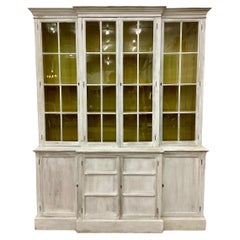 Antique English White Washed Glazed Front Step Back Bookcase (2 available)