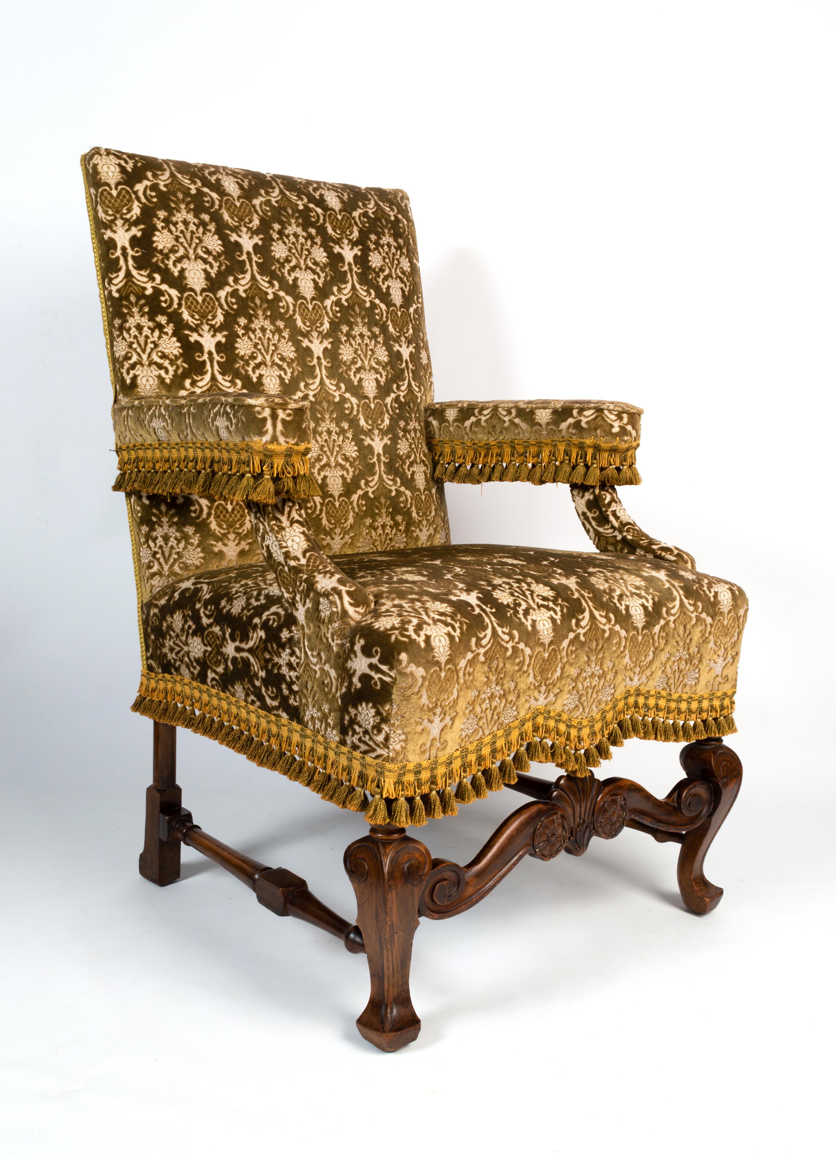 Antique English William and Mary Revival Elbow Chair Armchair 
Traditionally upholstered with tasselled fringe detailing.
In very good condition commensurate of age.