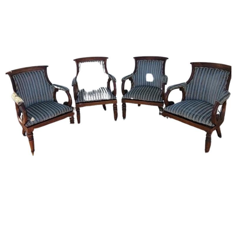 Antique English William IV Carved Mahogany Bergere armchairs in a striped velvet upholstery - set of 4

Beautiful set of antique English Regency William IV style carved, solid mahogany Bergere Armchairs with intricate scrolled arms, turned legs,