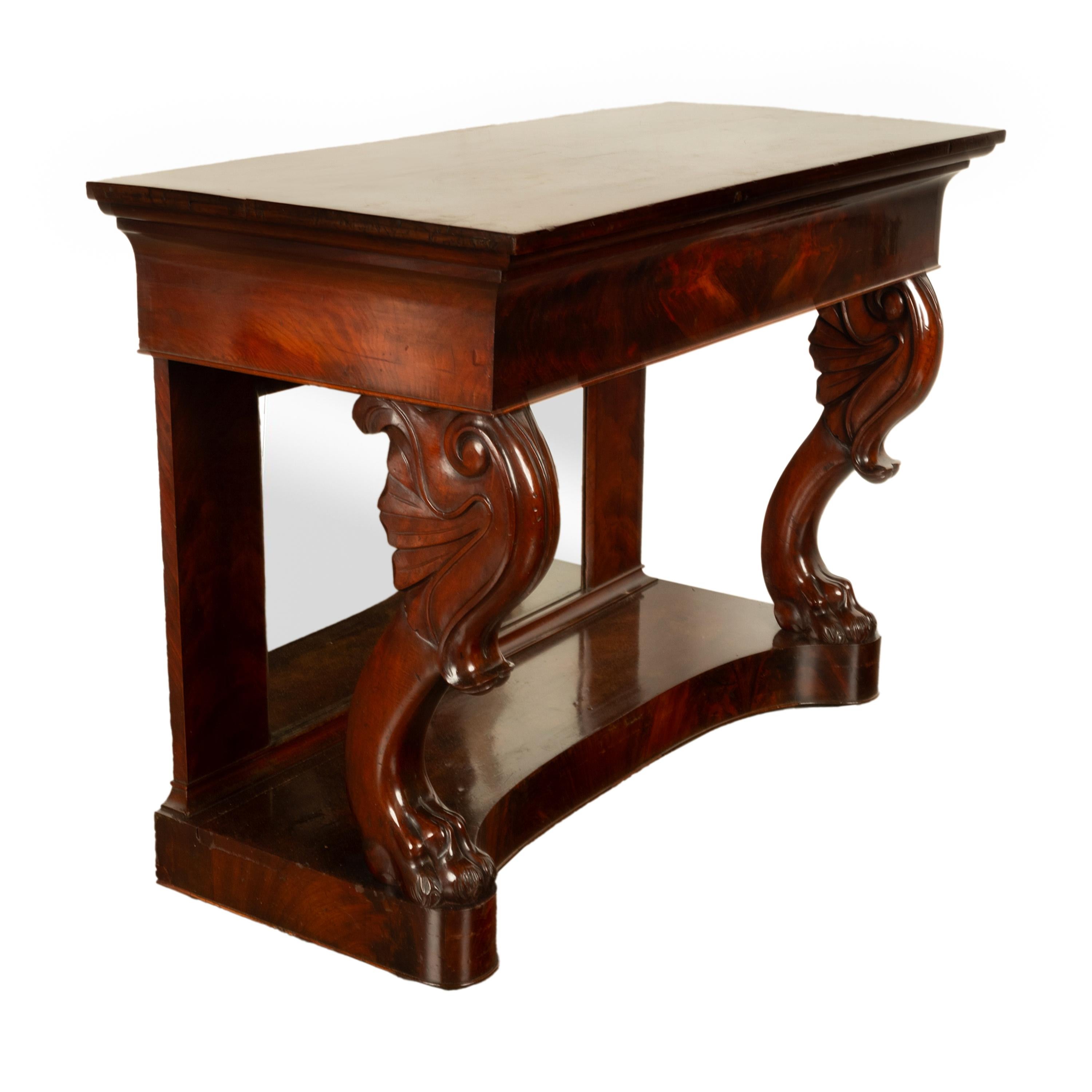 Early 19th Century Antique English William IV Carved Mahogany Mirror Back Pier Console Hall Table For Sale