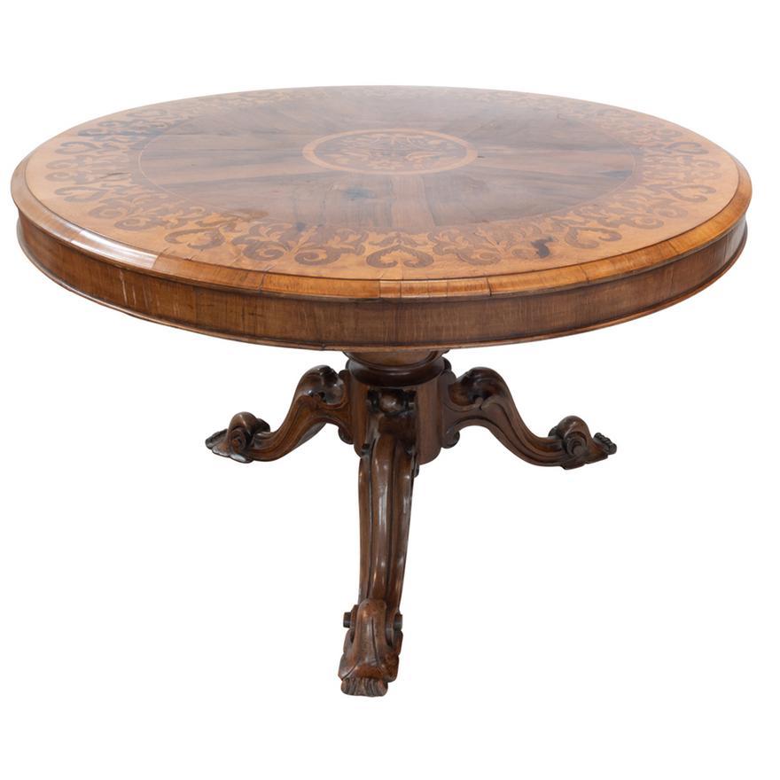 Circa 1900 Antique William IV Round Pedestal Center / Breakfast Table. Constructed with mahogany, rosewood, satinwood with intricate marquetry and inlays to table top, rising on a carved walnut tripod pedestal base. 