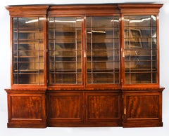 Antique English William IV Flame Mahogany Library Breakfront Bookcase 19th C
