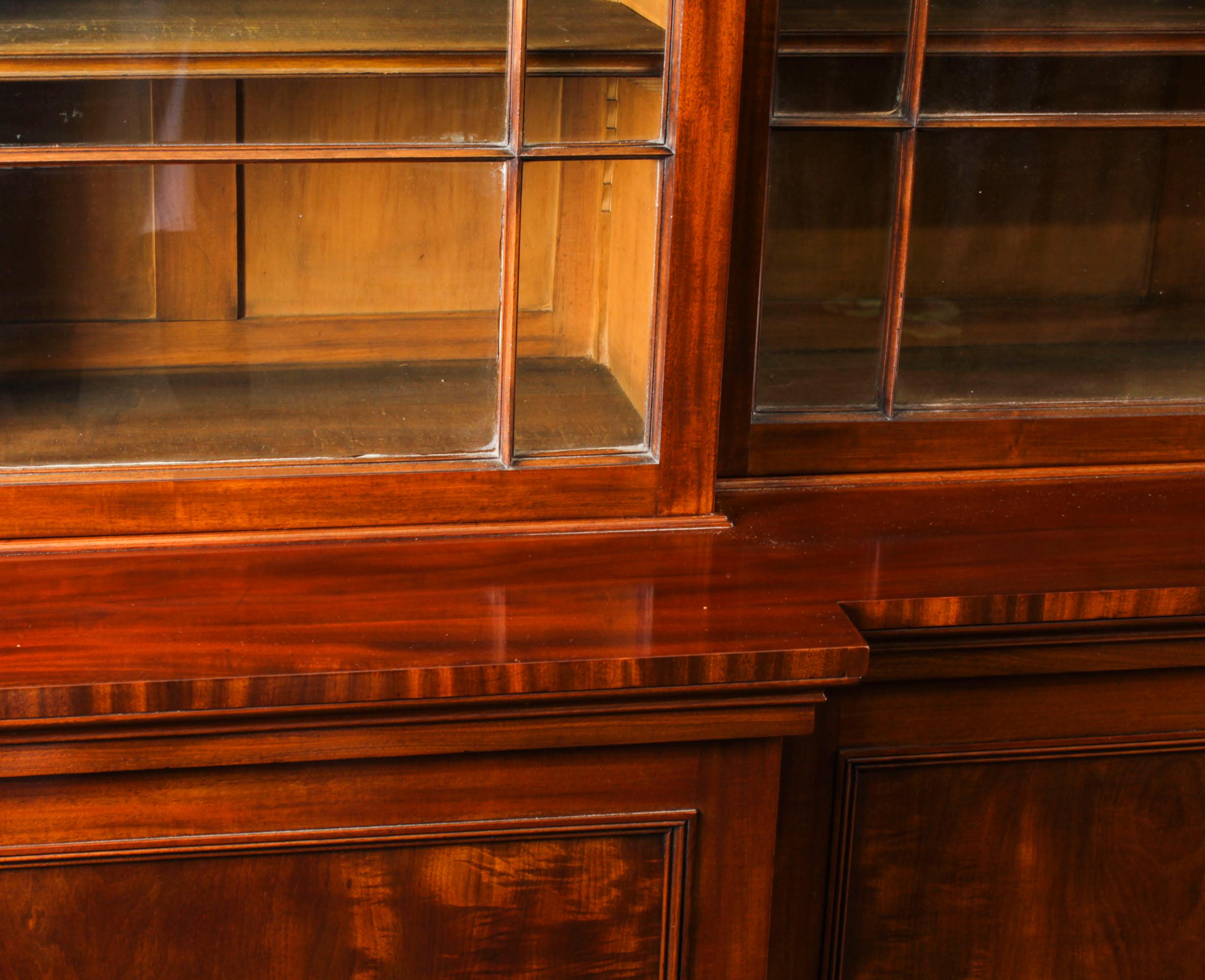 Antique English William IV Flame Mahogany Library Breakfront Bookcase 19th C 4