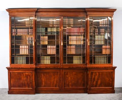 Antique English William IV Flame Mahogany Library Breakfront Bookcase 19th C