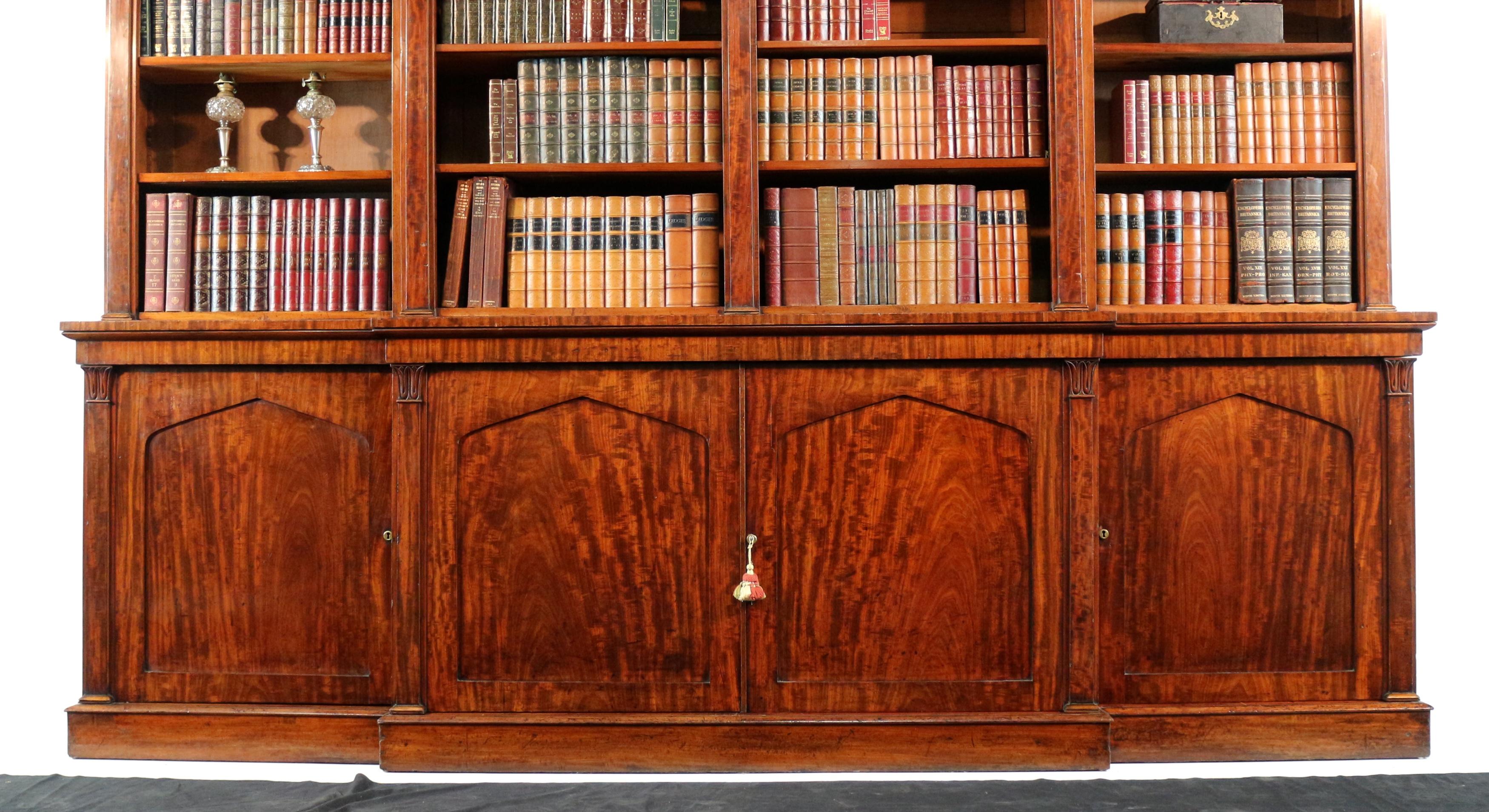 Hand-Carved Antique English William IV Mahogany Breakfront Library Bookcase