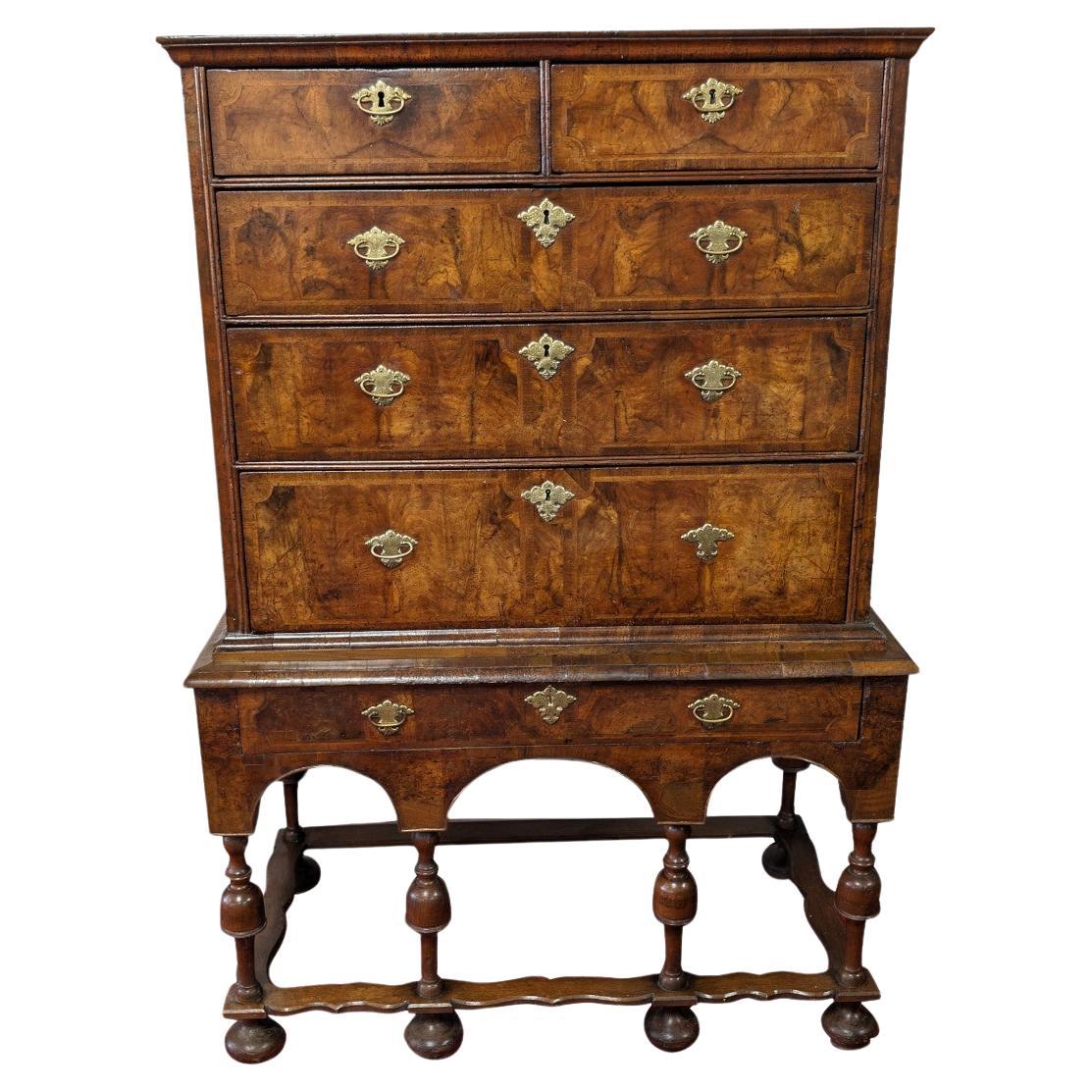 Antique English William & Mary Burl Walnut Cabinet On Stand, Late 17th Century For Sale