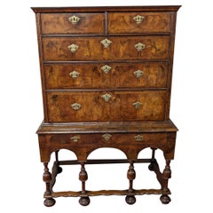 Antique English William & Mary Burl Walnut Cabinet On Stand, Late 17th Century