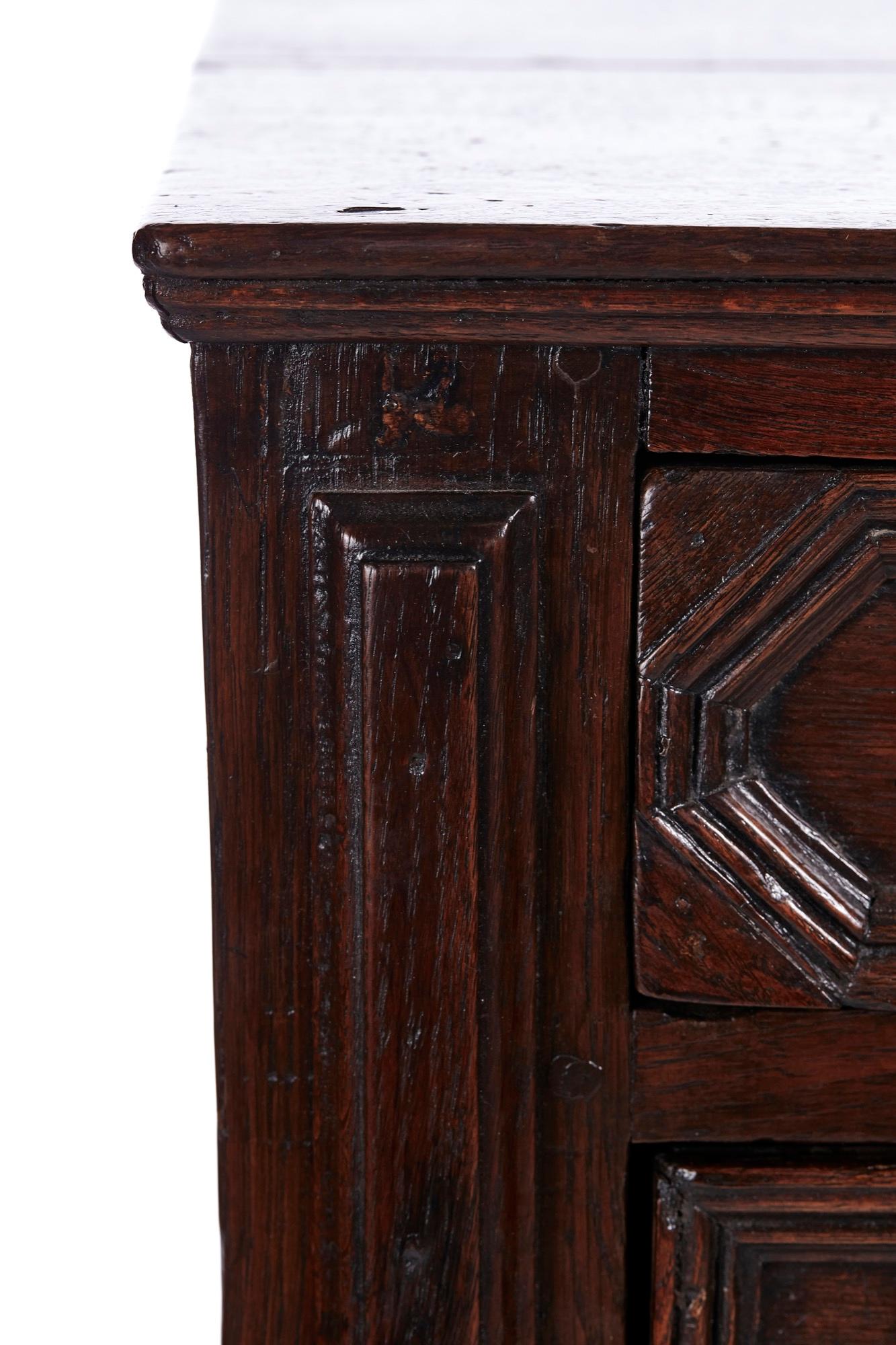 William and Mary Antique English William & Mary Jacobean Oak Paneled Geometric Chest of Drawers For Sale