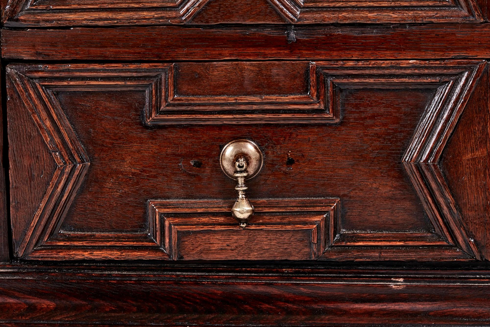 Antique English William & Mary Jacobean Oak Paneled Geometric Chest of Drawers For Sale 1