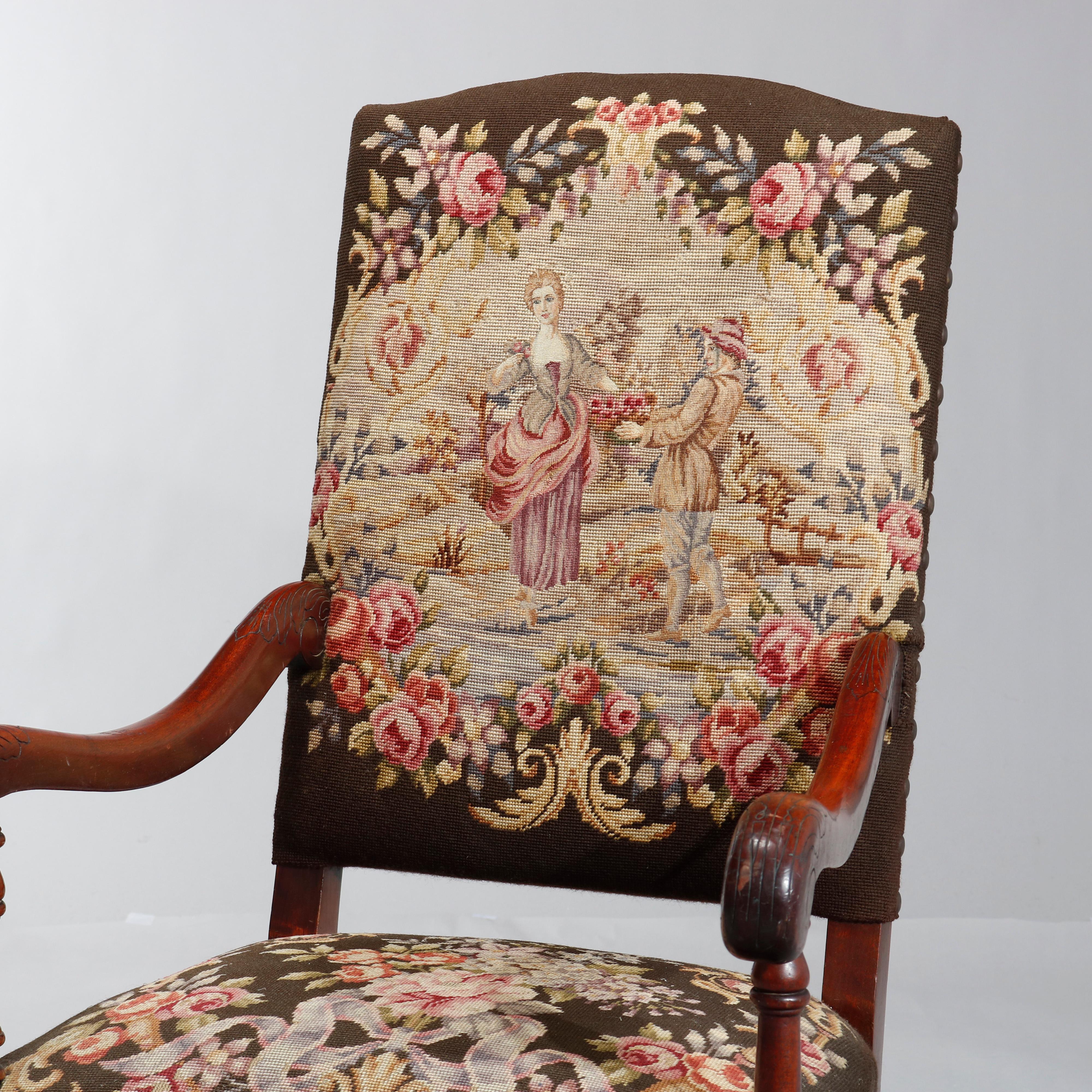 William and Mary Antique English William & Mary Style Mahogany and Needlepoint Throne Chair