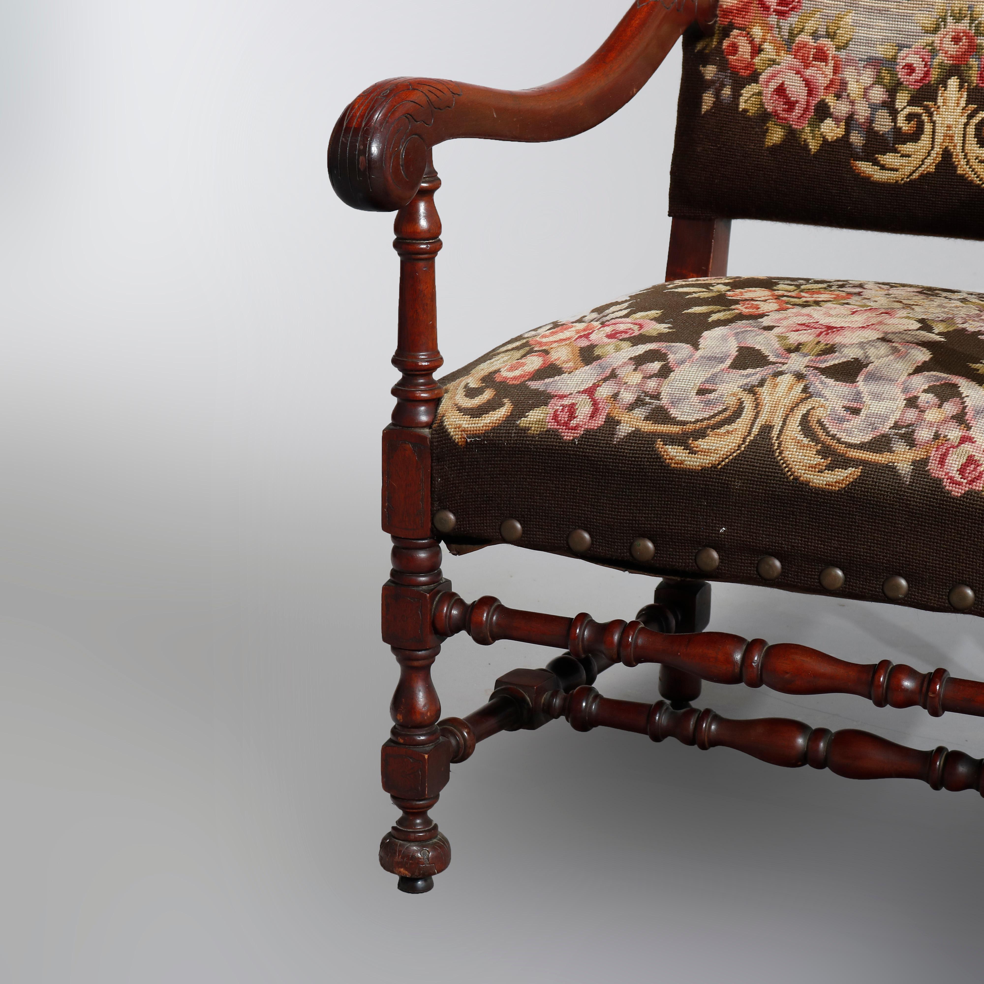 Carved Antique English William & Mary Style Mahogany and Needlepoint Throne Chair