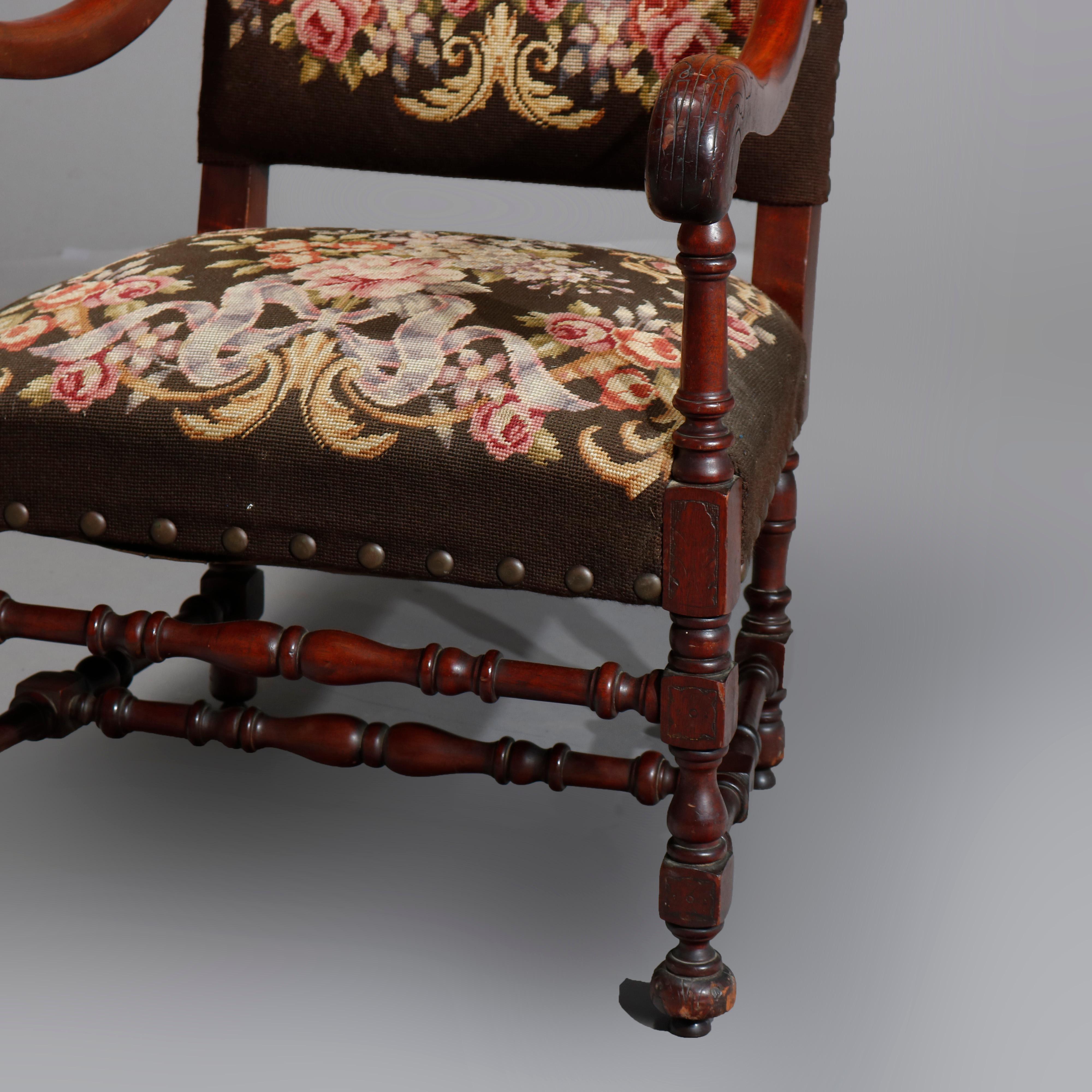 Antique English William & Mary Style Mahogany and Needlepoint Throne Chair In Good Condition In Big Flats, NY