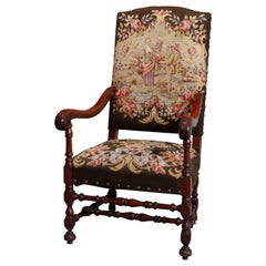 Antique English William & Mary Style Mahogany and Needlepoint Throne Chair