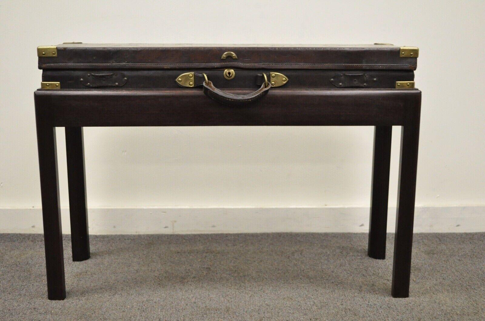Antique English William Powell & Sons Leather Brass Rifle Case on Mahogany Stand 4