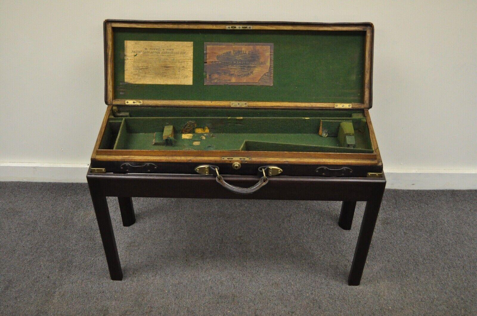 Victorian Antique English William Powell & Sons Leather Brass Rifle Case on Mahogany Stand For Sale