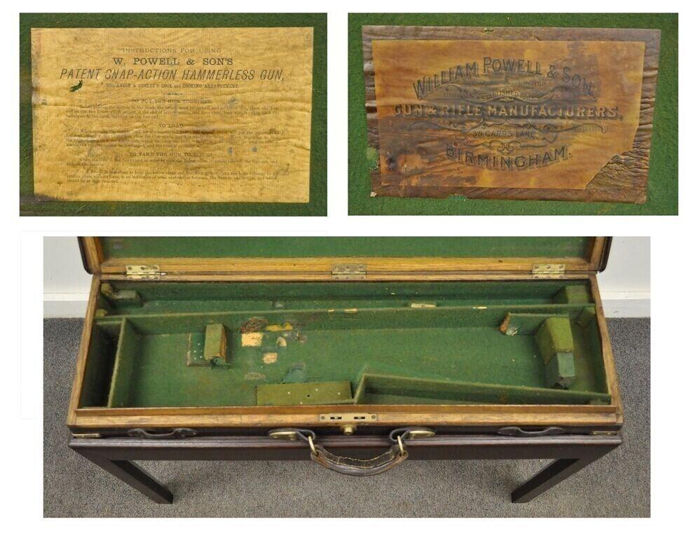 European Antique English William Powell & Sons Leather Brass Rifle Case on Mahogany Stand