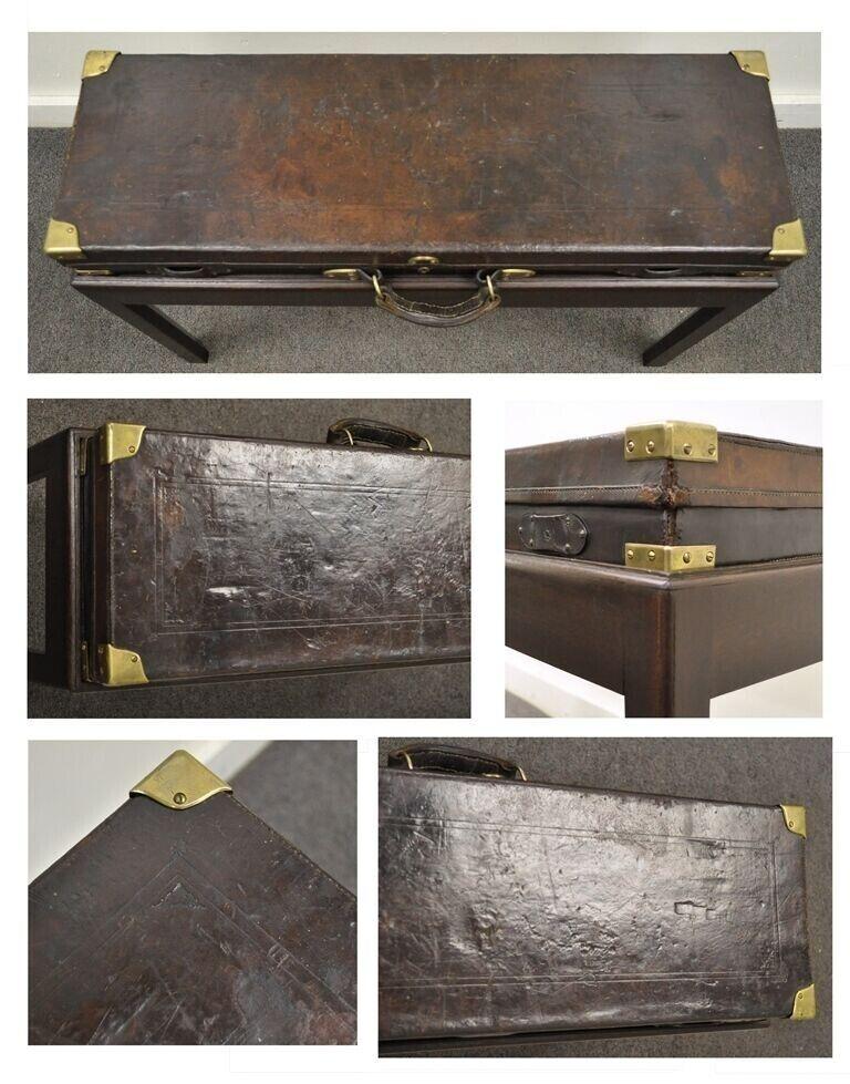 Antique English William Powell & Sons Leather Brass Rifle Case on Mahogany Stand In Good Condition In Philadelphia, PA