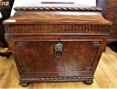Antique English Willian IV Flamed Mahogany Wine Cooler with Lion Head Handles
