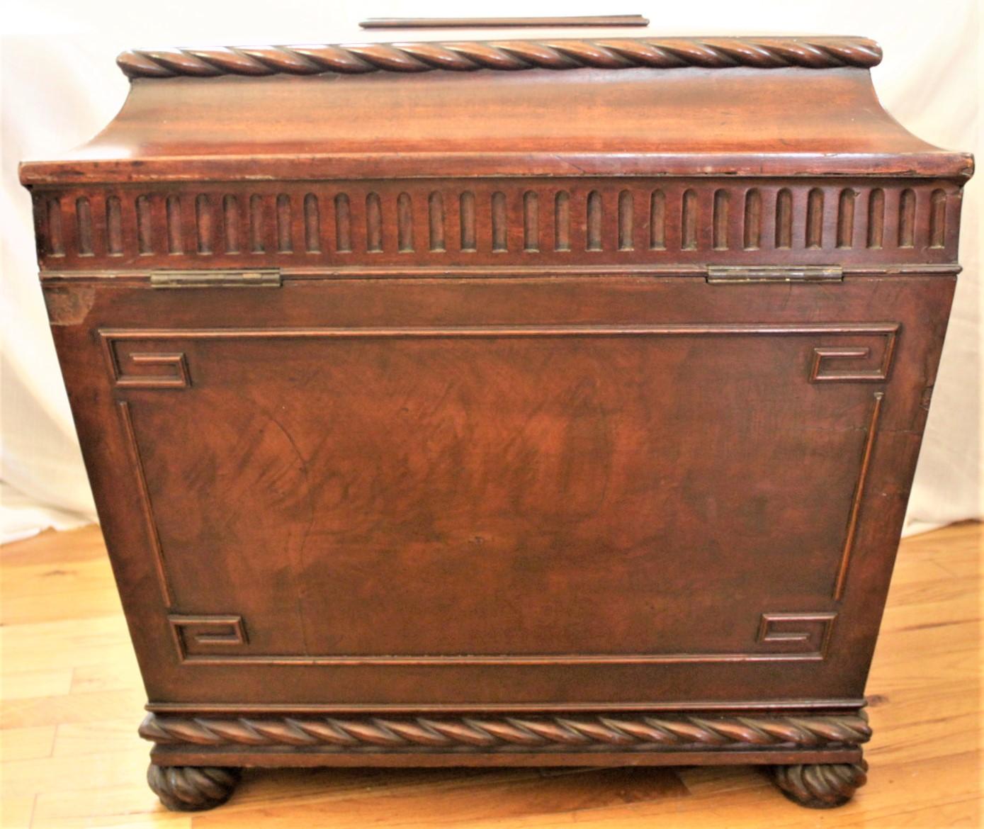 Hand-Crafted Antique English Willian IV Flamed Mahogany Wine Cooler with Lion Head Handles For Sale