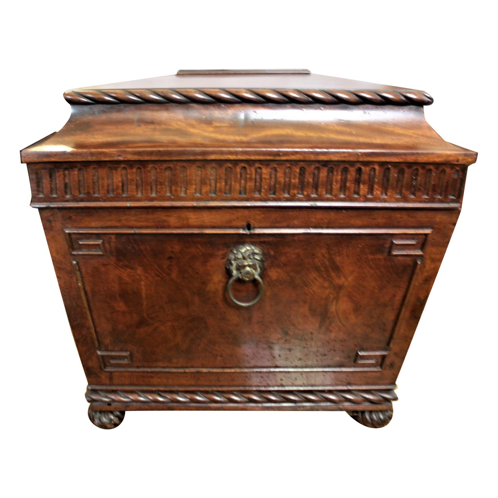Antique English Willian IV Flamed Mahogany Wine Cooler with Lion Head Handles For Sale
