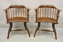 Antique English Windsor Colonial Pine Wood Spindle Pub Club Arm Chairs - a Pair