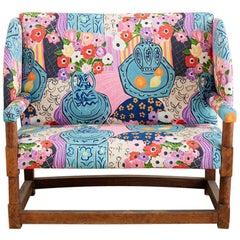 Antique English Winged Settee with Floral Upholstery