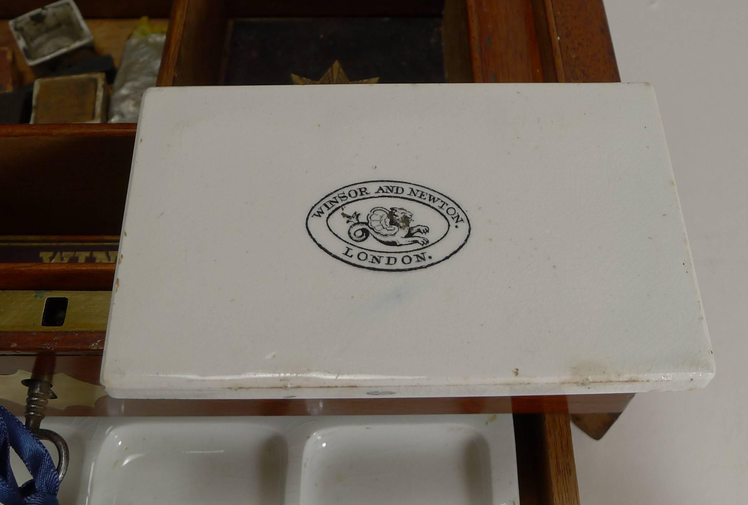 Mahogany Antique English Winsor and Newton Artist's Watercolor / Paint Box, circa 1885