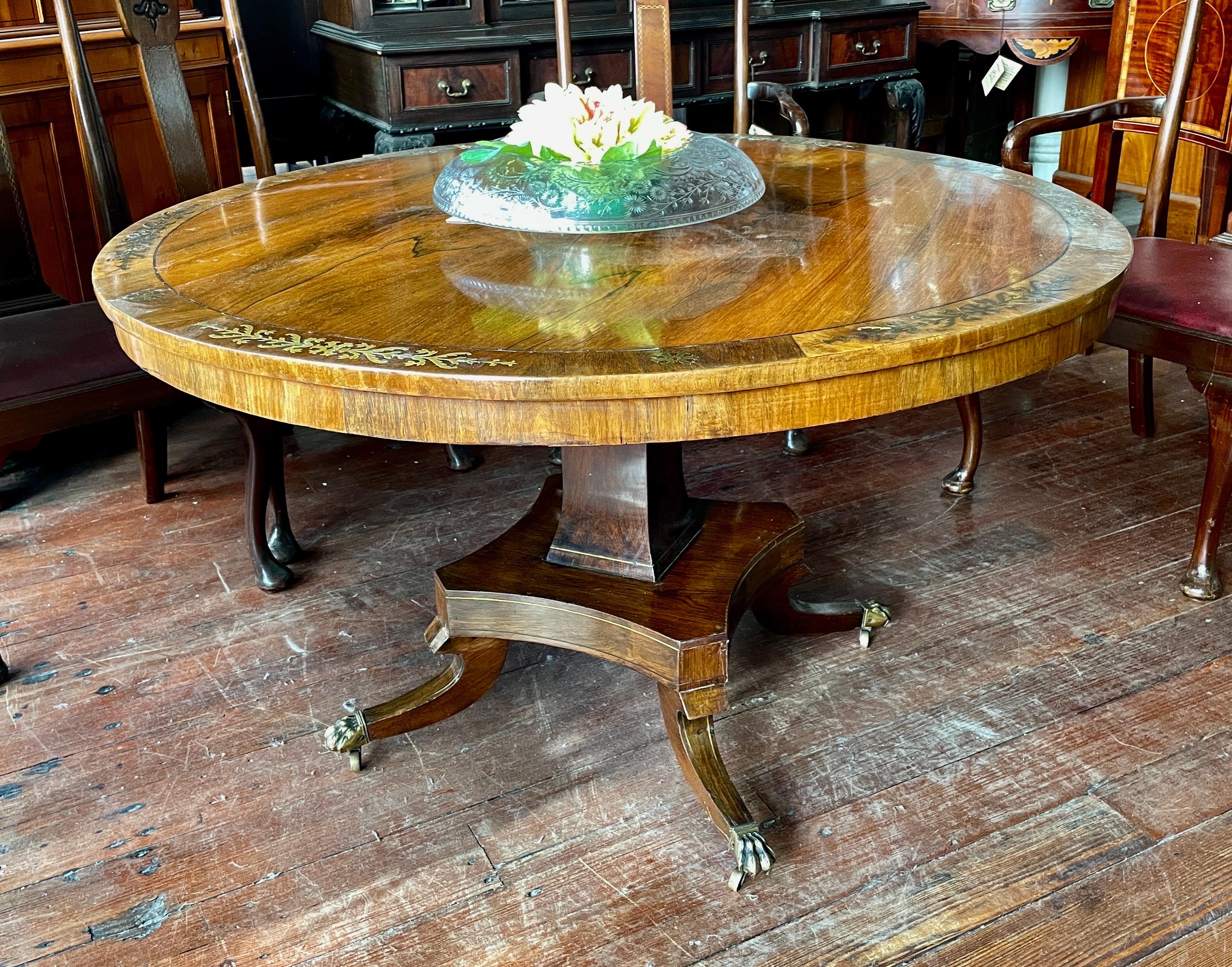 Antique English WM IV Regency Brass Inlaid Rosewood Center or Dining Table For Sale 8