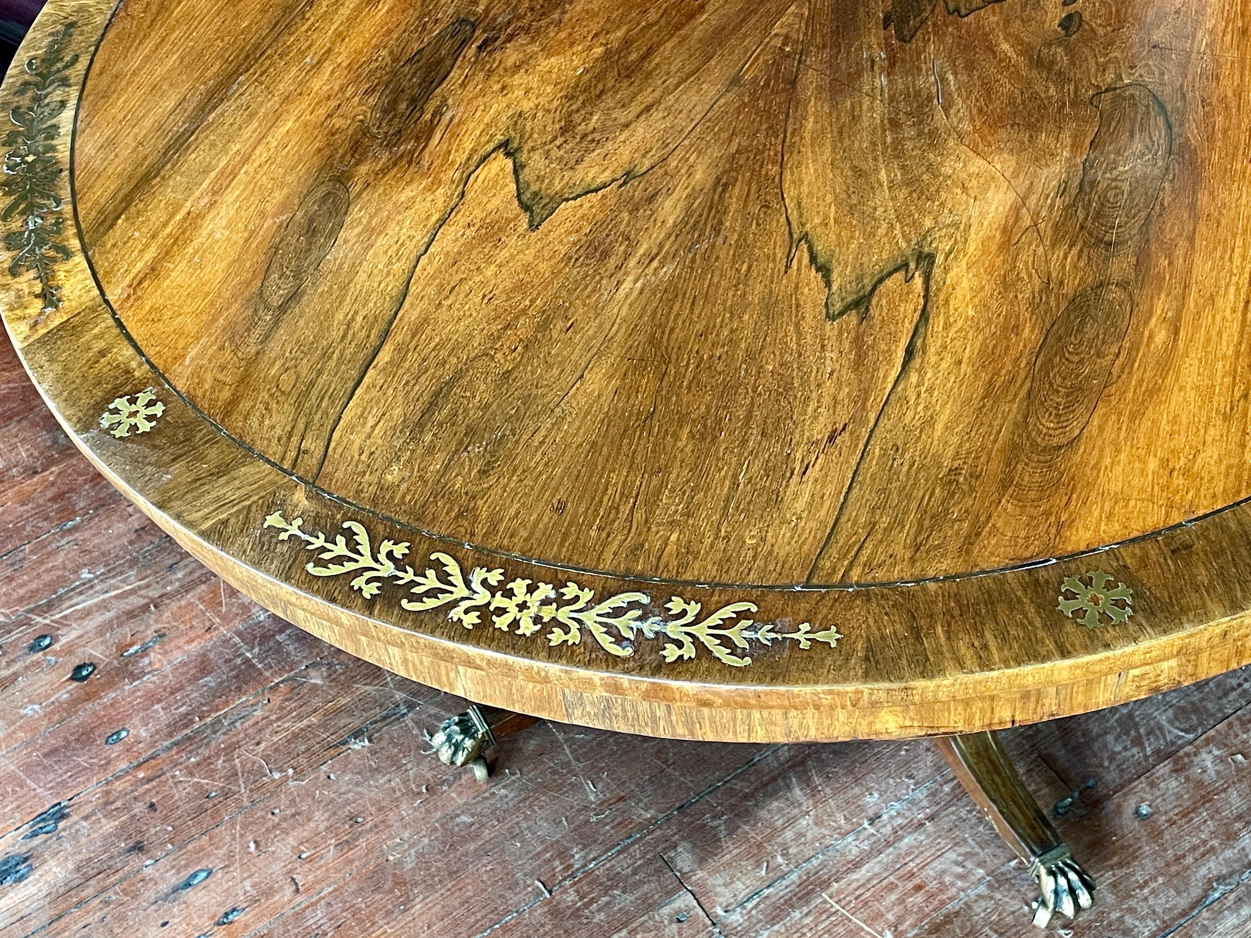Antique English WM IV Regency Brass Inlaid Rosewood Center or Dining Table For Sale 1