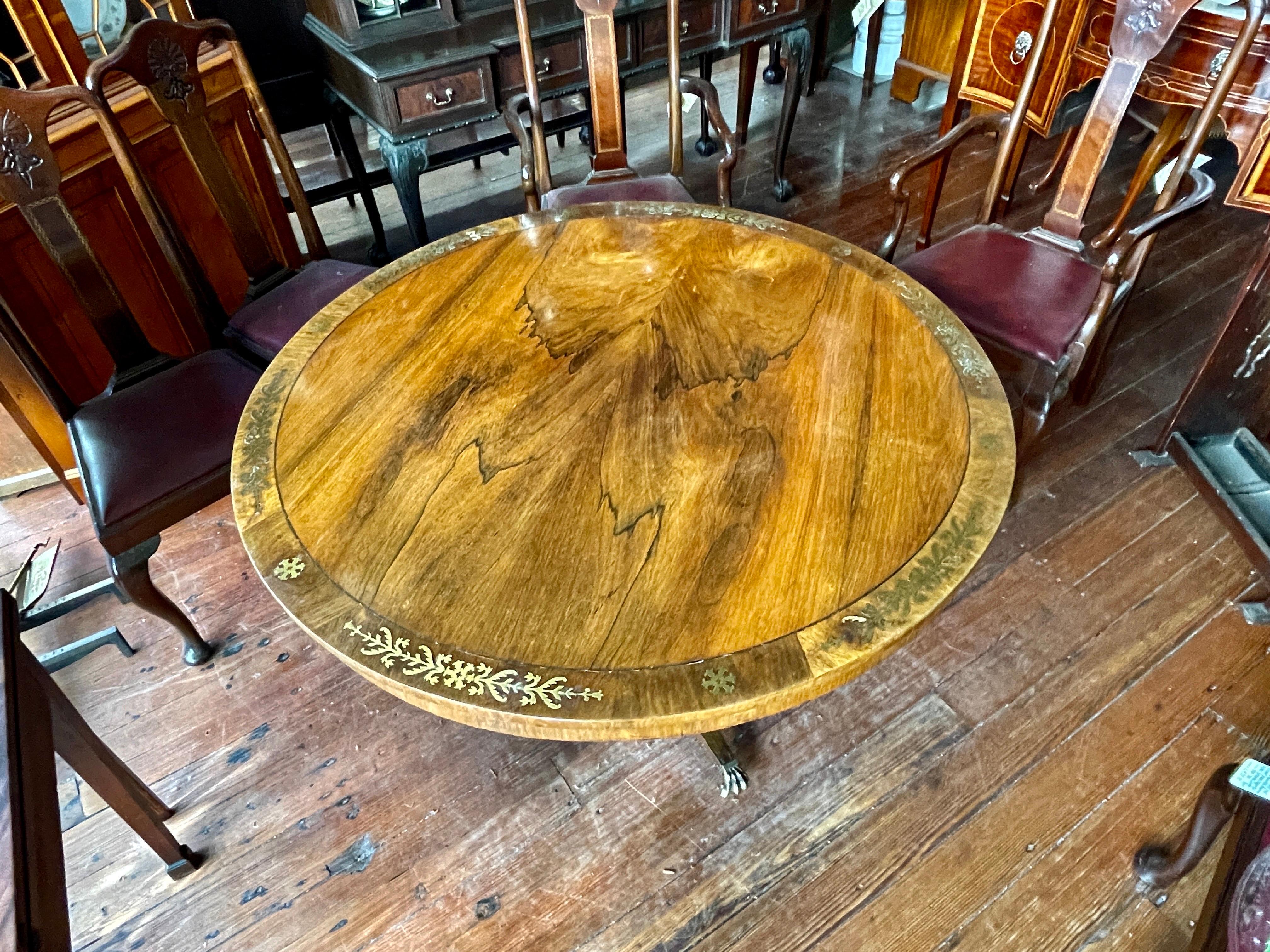 Antique English WM IV Regency Brass Inlaid Rosewood Center or Dining Table For Sale 2