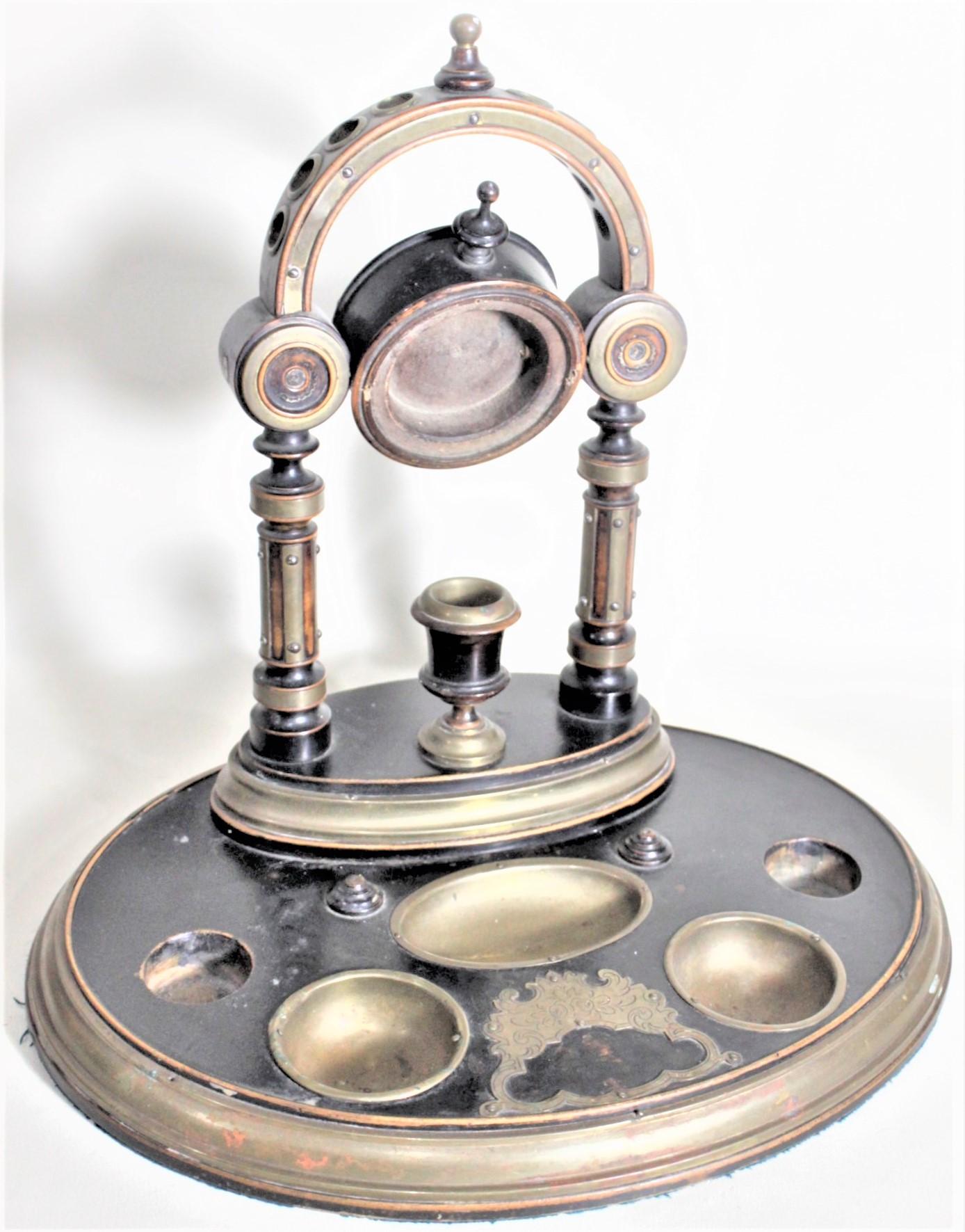 Hand-Crafted Antique English Wood & Brass Dresser Top Pocket Watch Stand & Vide Poche For Sale