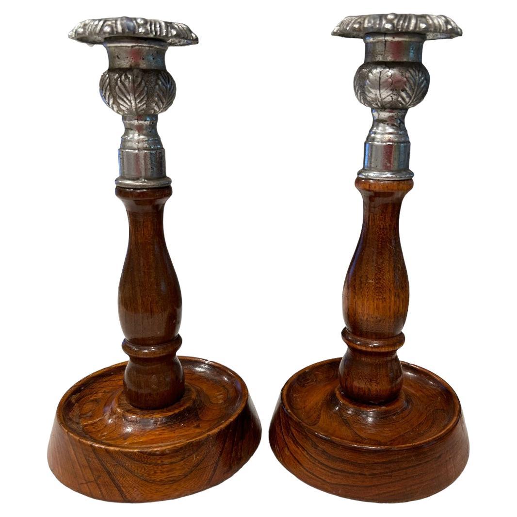 Antique English Wooden Candlesticks with Cast Silver Top 'Pair' For Sale