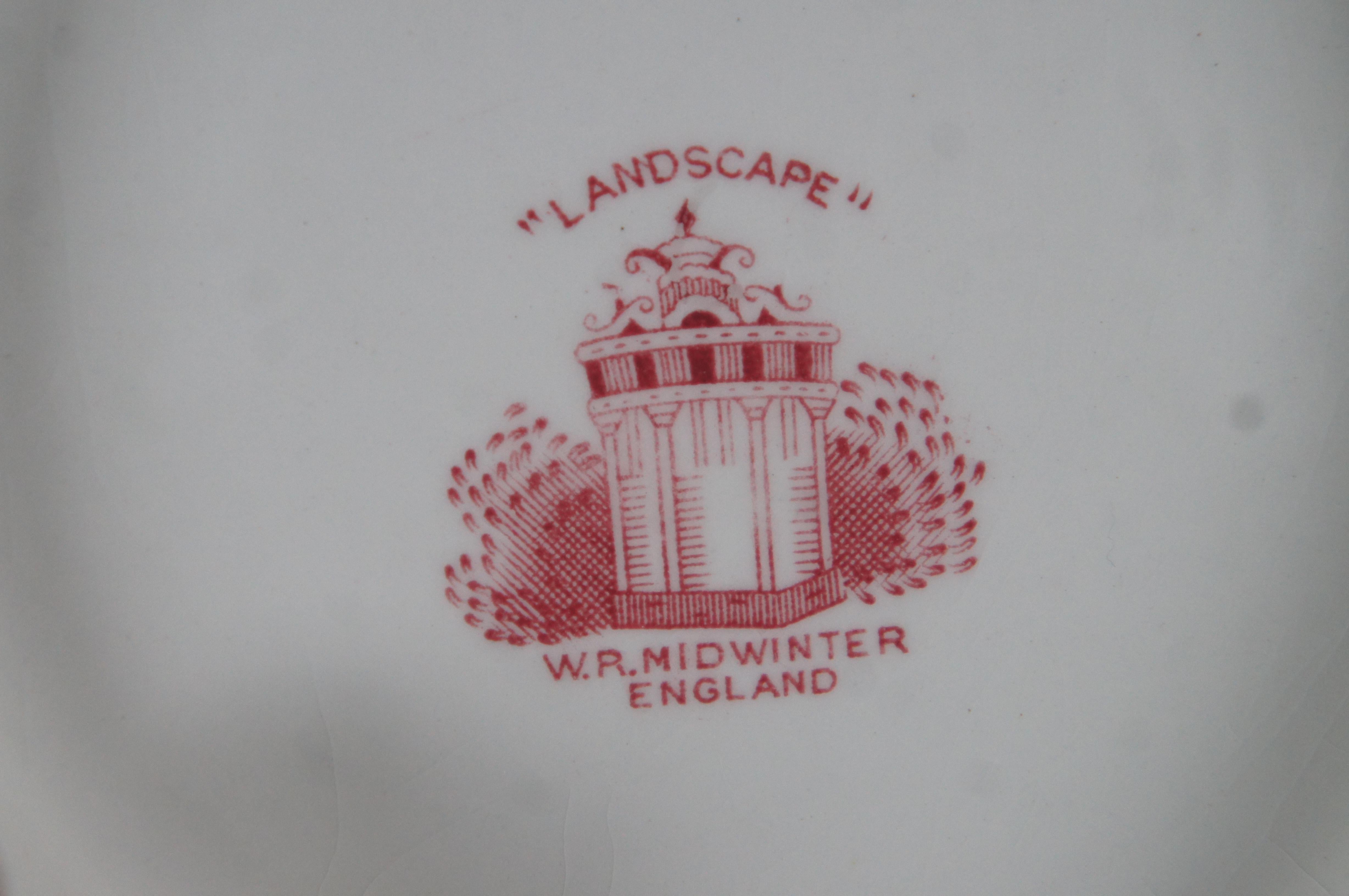 Antique English WR Midwinter Red Transferware Landscape Supper Serving Set 4