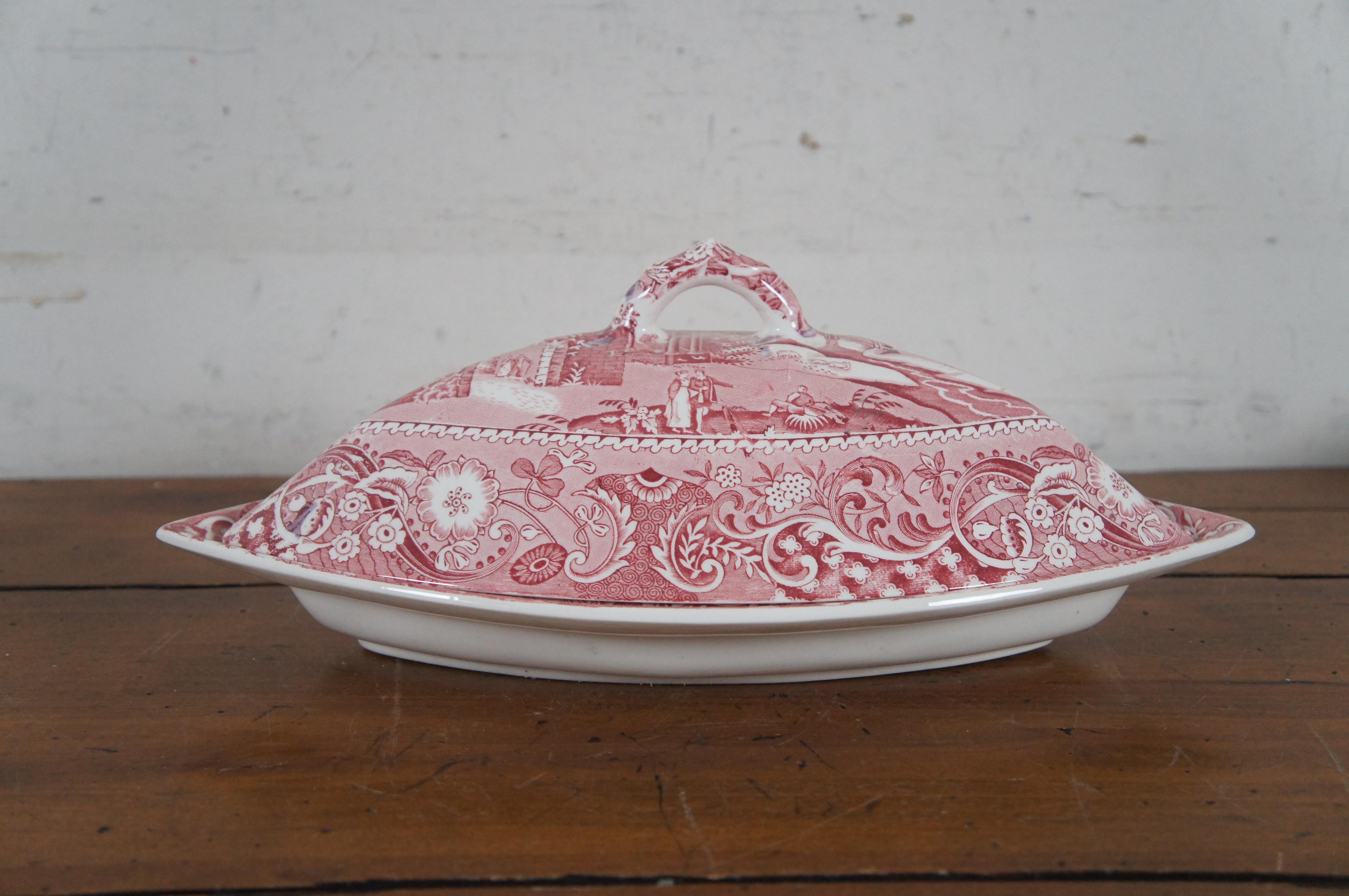 Ceramic Antique English WR Midwinter Red Transferware Landscape Supper Serving Set