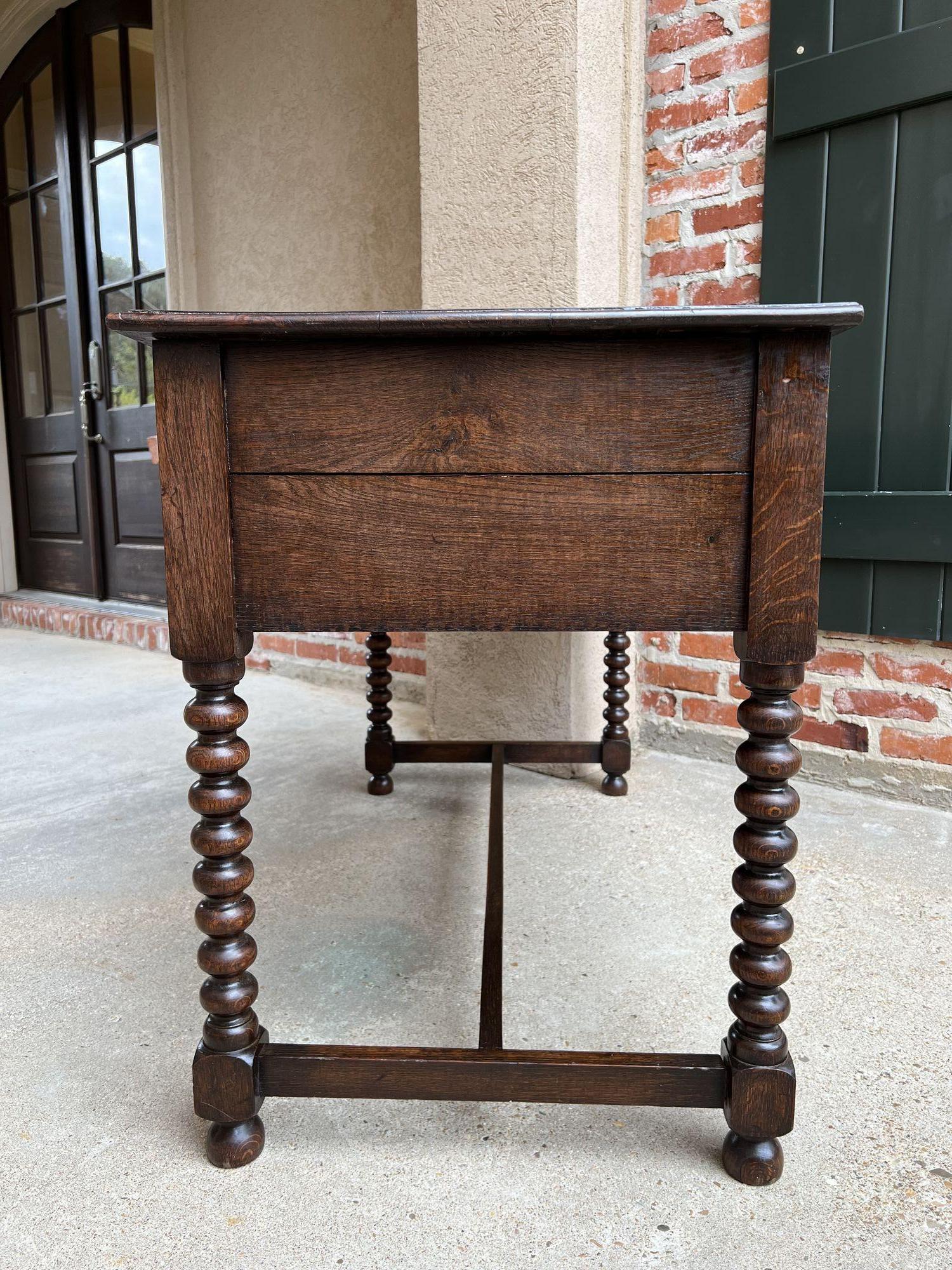 Antique English Writing Desk Table Jacobean Carved Oak Green Leather Bobbin Leg 5