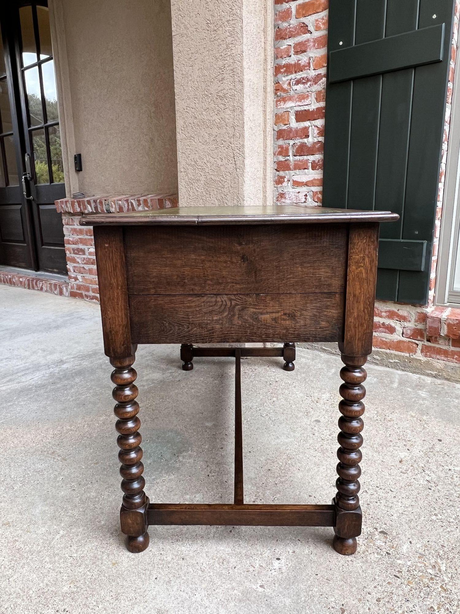 Antique English Writing Desk Table Jacobean Carved Oak Green Leather Bobbin Leg 6
