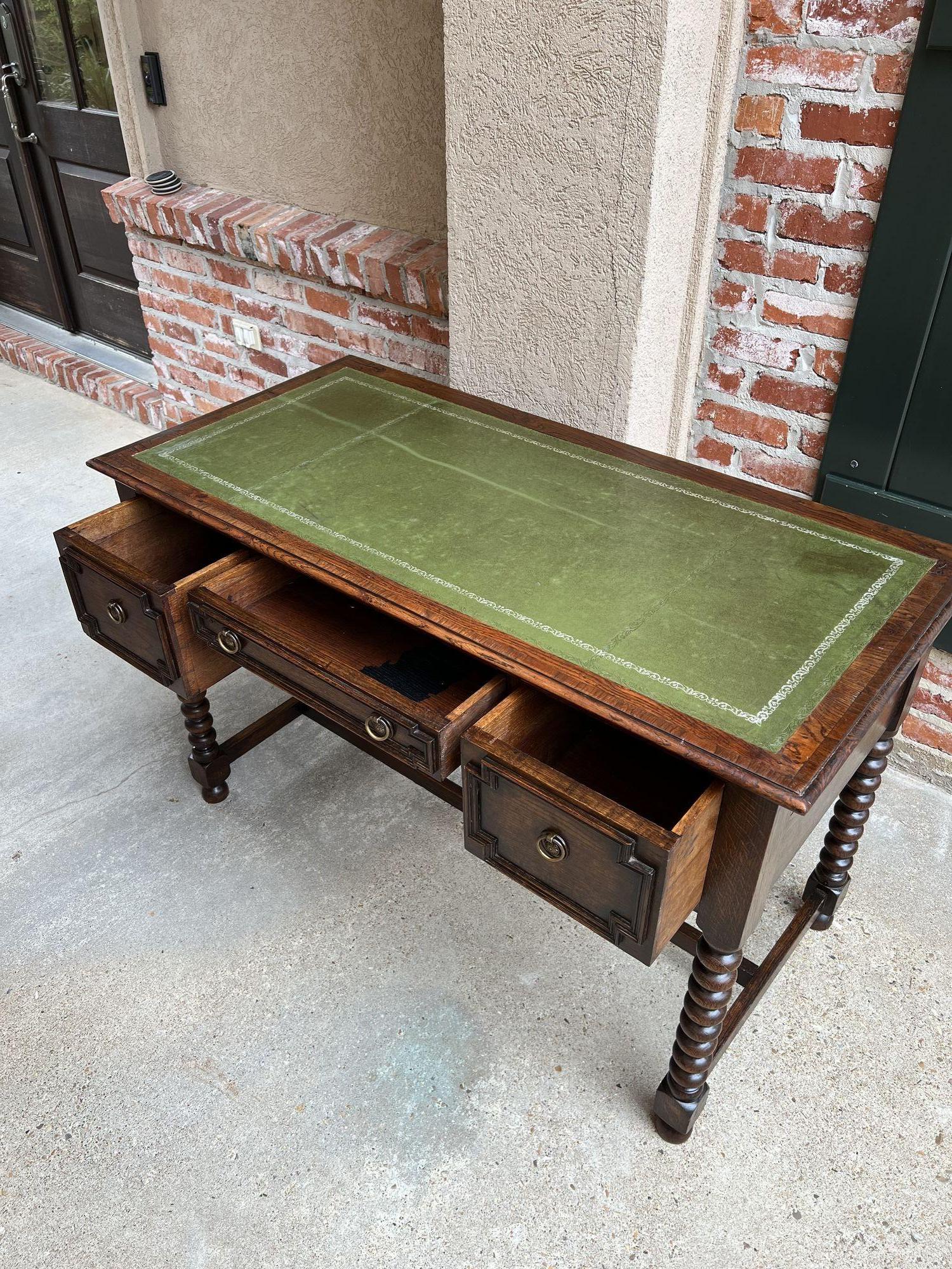 Antique English Writing Desk Table Jacobean Carved Oak Green Leather Bobbin Leg 13