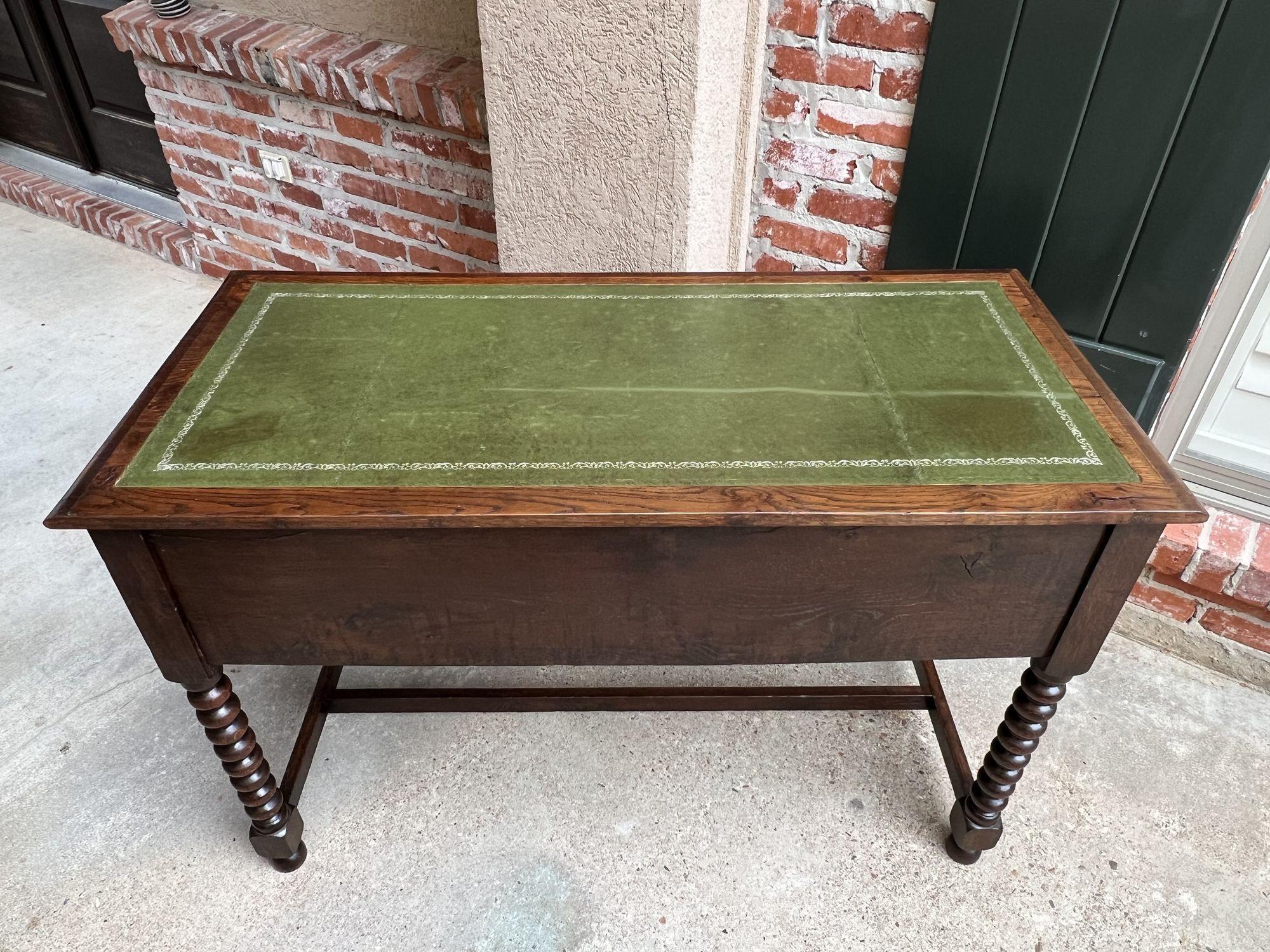 Antique English Writing Desk Table Jacobean Carved Oak Green Leather Bobbin Leg 15